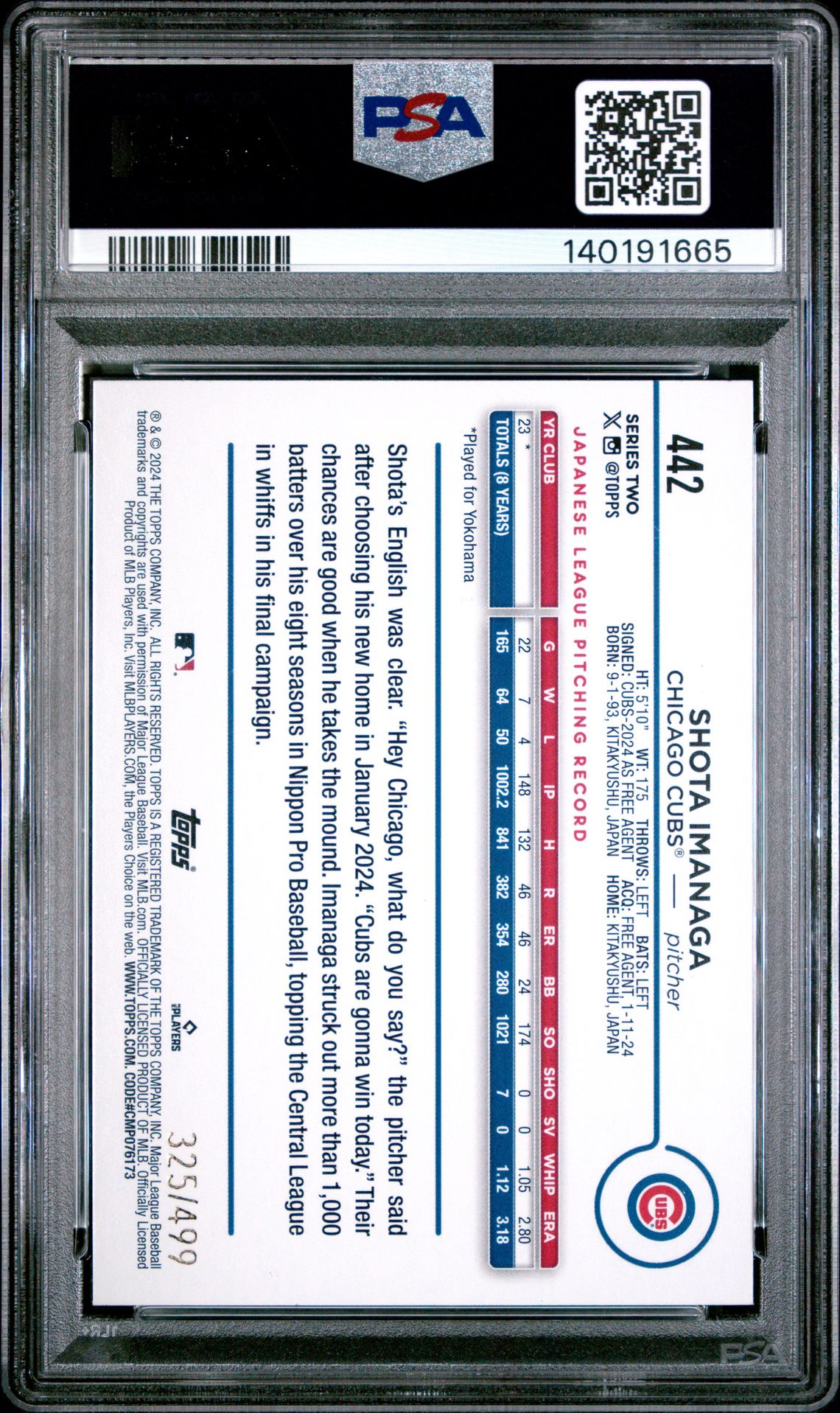 2024 Topps Shota Imanaga #442 (Green Crackle Foil Board) Gem Mt 10 back