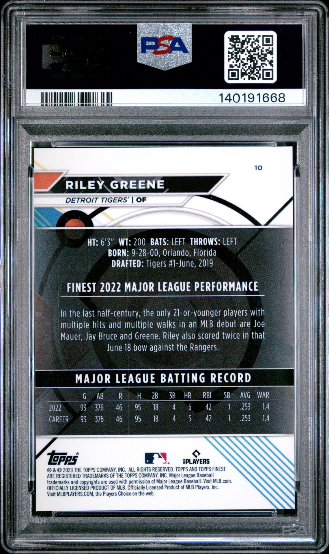 2023 Topps Finest Riley Greene #10 (Lava) Gem Mt 10 back