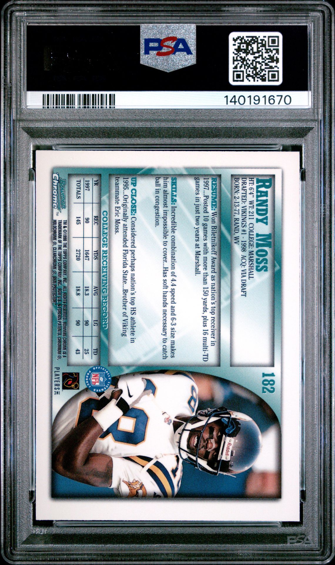 1998 Bowman Chrome Randy Moss #182 Gem Mt 10 back