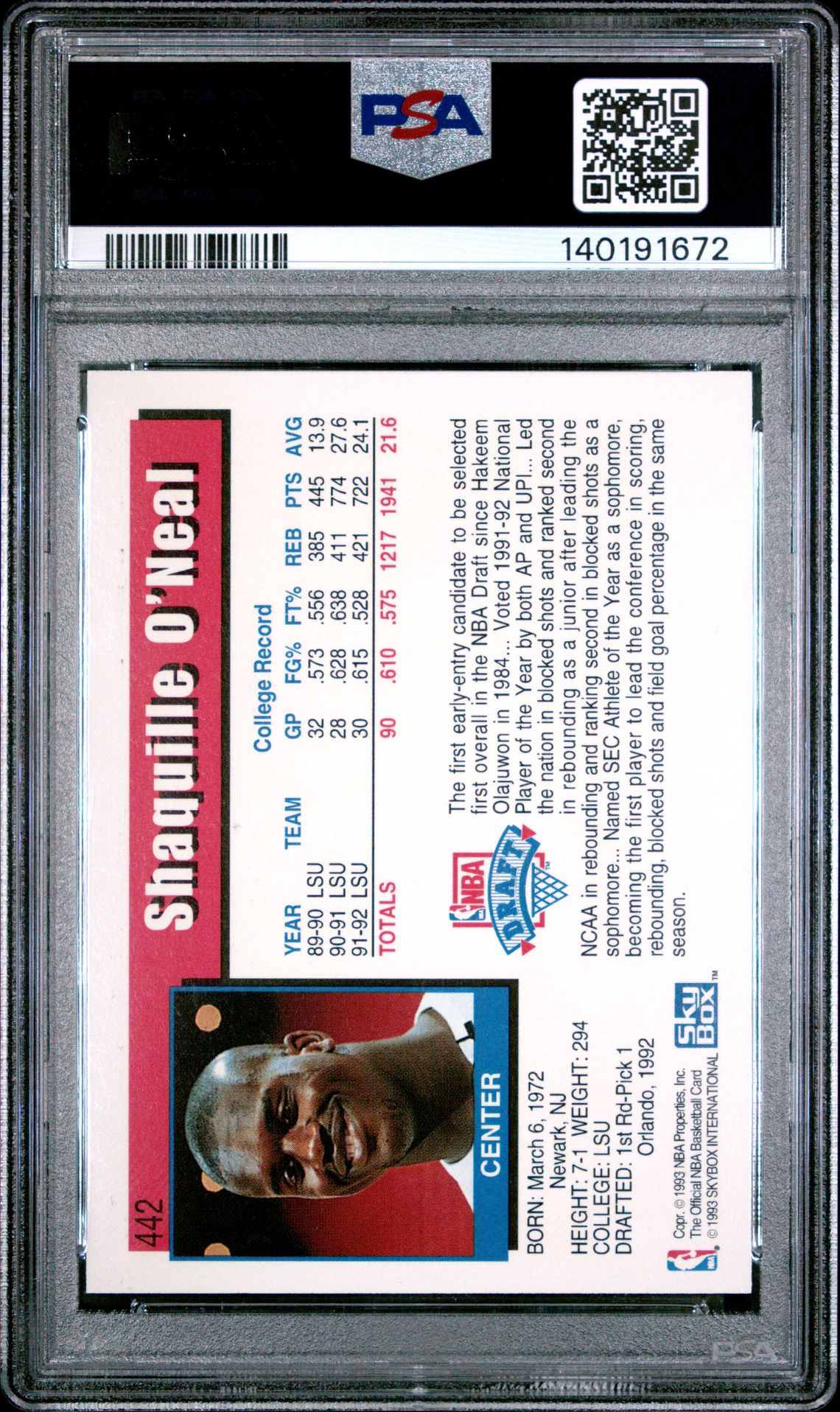 1992 Hoops Shaquille O'neal #442 Mint 9 back