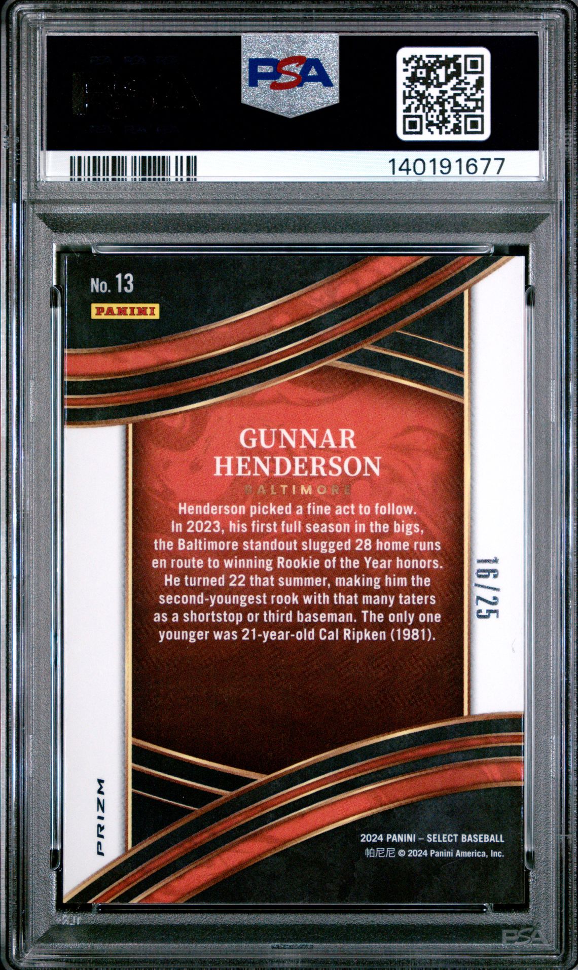 2024 Panini Select Select Numbers Gunnar Henderson #13 (Select Numbers-Td Prizm) Gem Mt 10 back