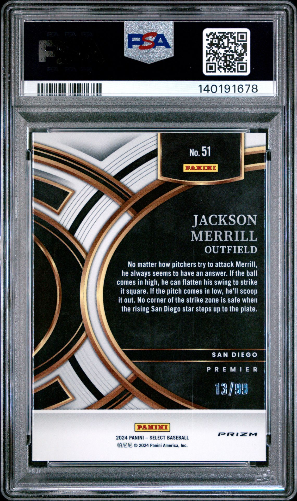 2024 Panini Select Premier Level Jackson Merrill #51 (Premier Level-Purple Prizm) Mint 9 back