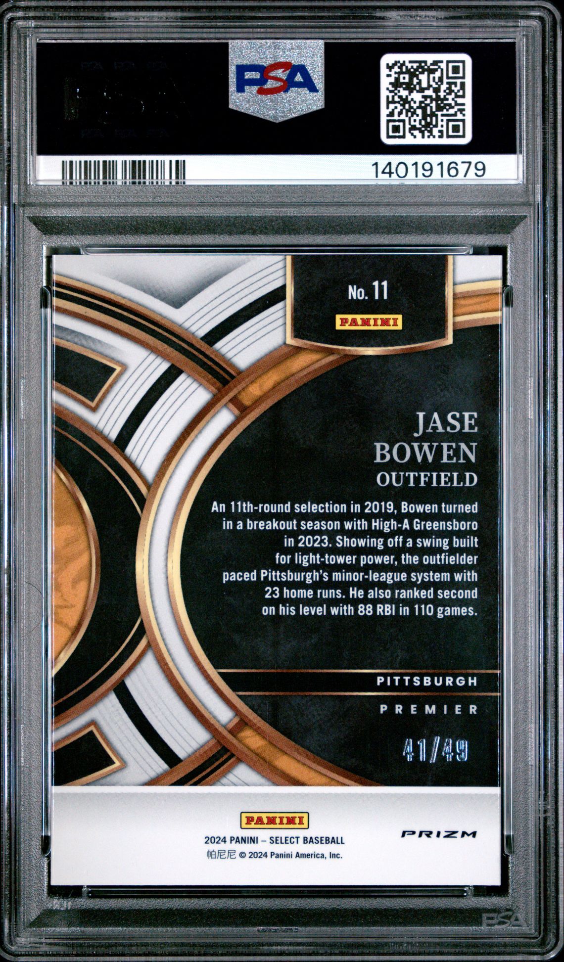 2024 Panini Select Premier Level Jase Bowen #11 (Premier Level-Orange Prizm) Gem Mt 10 back