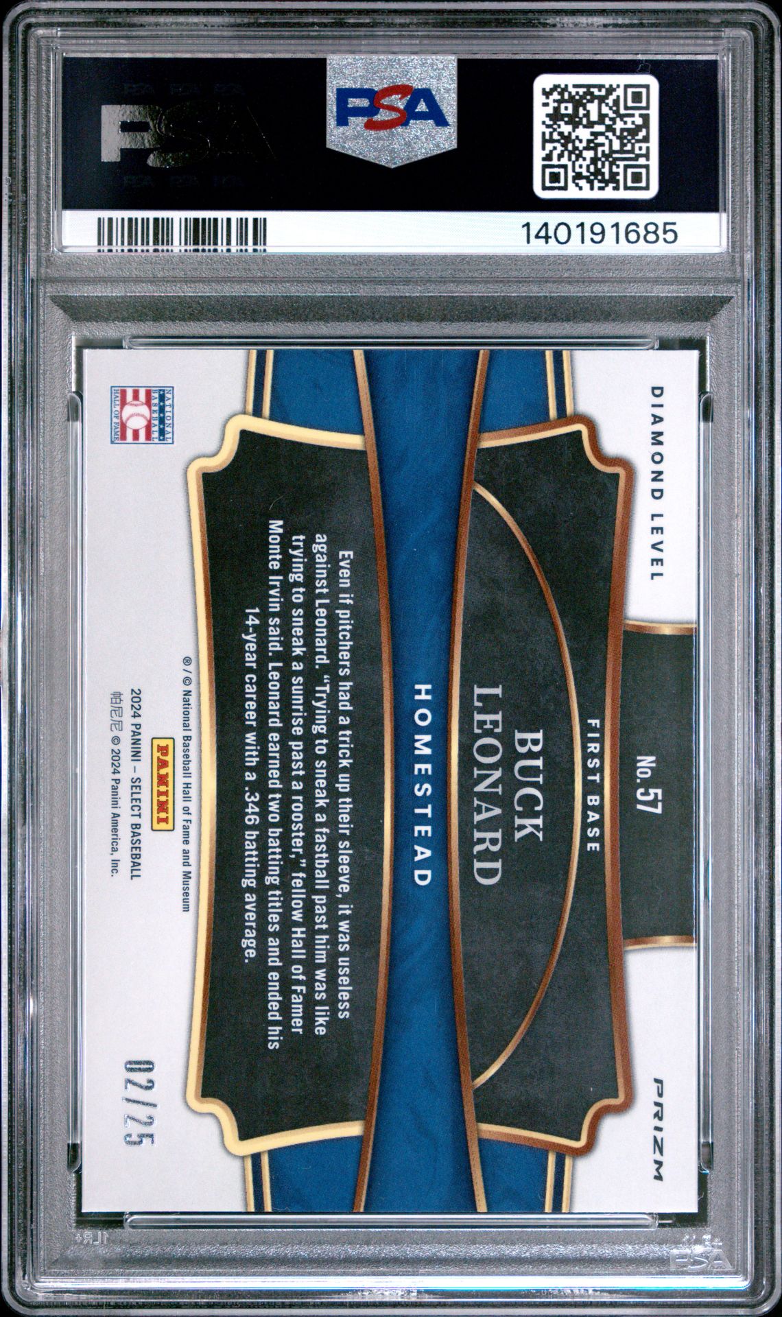 2024 Panini Select Diamond Level Buck Leonard #57 (Diamond Level-Tie-Dye Prizm) Gem Mt 10 back