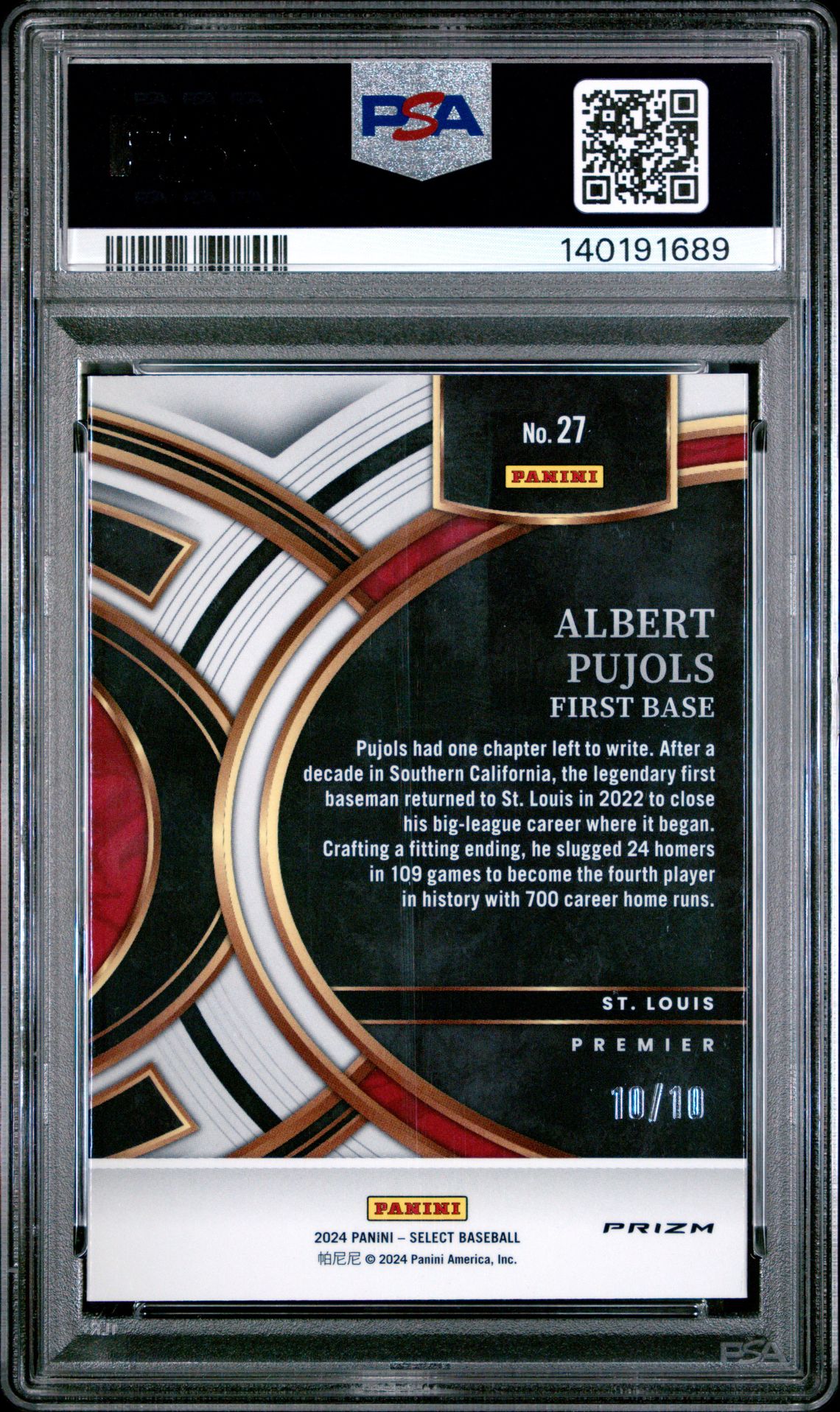 2024 Panini Select Premier Level Albert Pujols #27 (Premier Level-Gold Prizm) Gem Mt 10 back