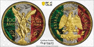 2021 Medal 50 Pesos 100th Ann. Colorized Gilt- 2oz Ag MS70