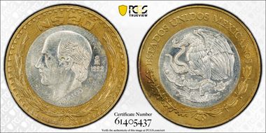 1993-Mo 20 Peso Longer Stems KM-561  Ag / AlBr MS61