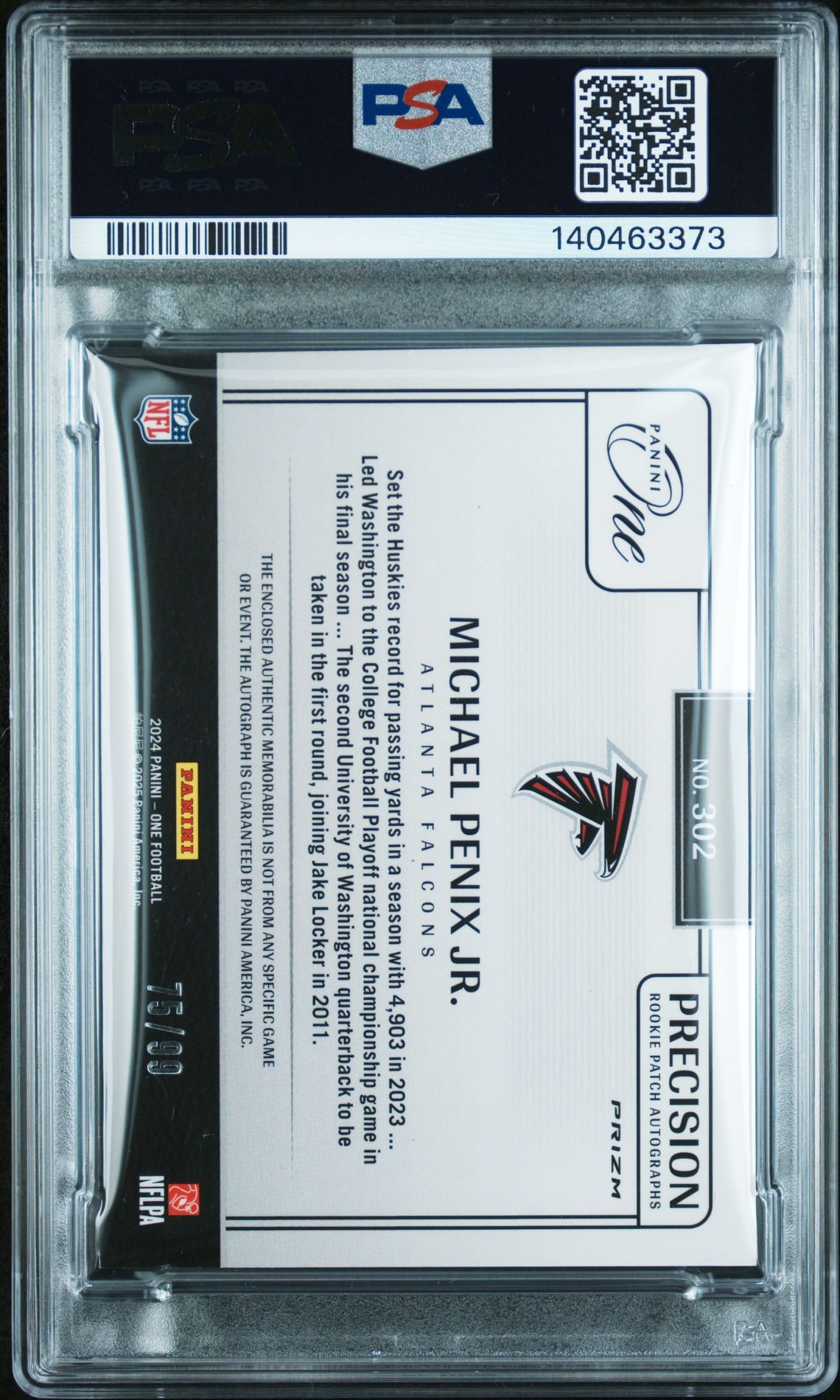 2024 Panini One Michael Penix Jr. #302 (Precision Rke Pat Au) Nm-Mt+ 8.5 back