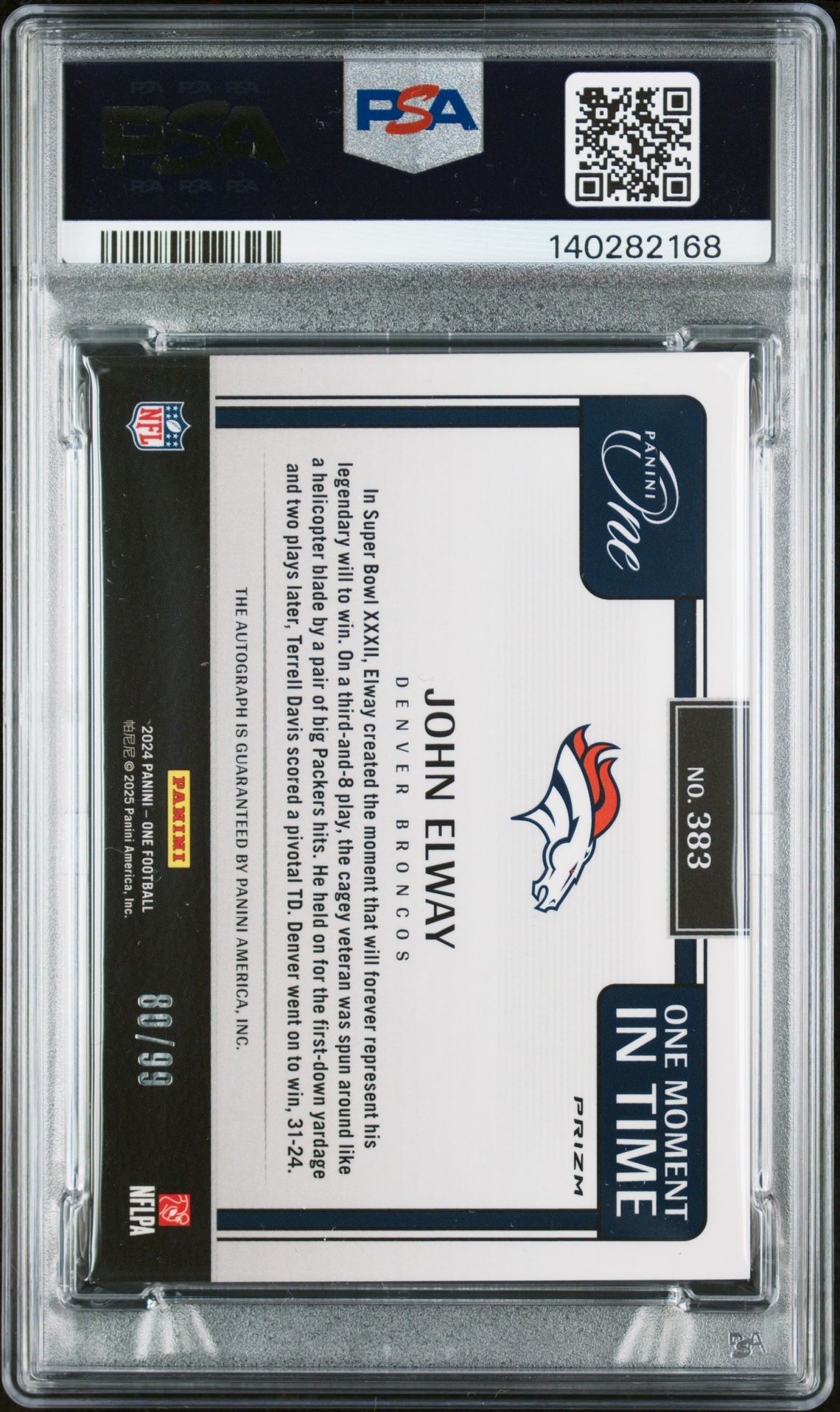 2024 Panini One John Elway #383 (One Moment/Time Auto) Mint 9 back