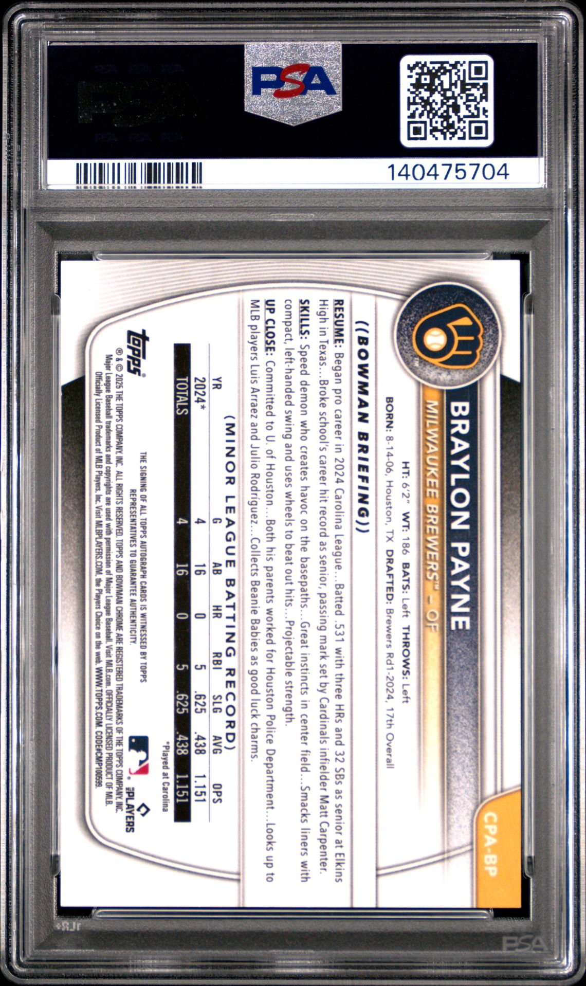 2025 Bowman Chrome Prospect Autographs Braylon Payne #Cpabp (Chr Pros Auto-Hta Choice) Mint 9 back