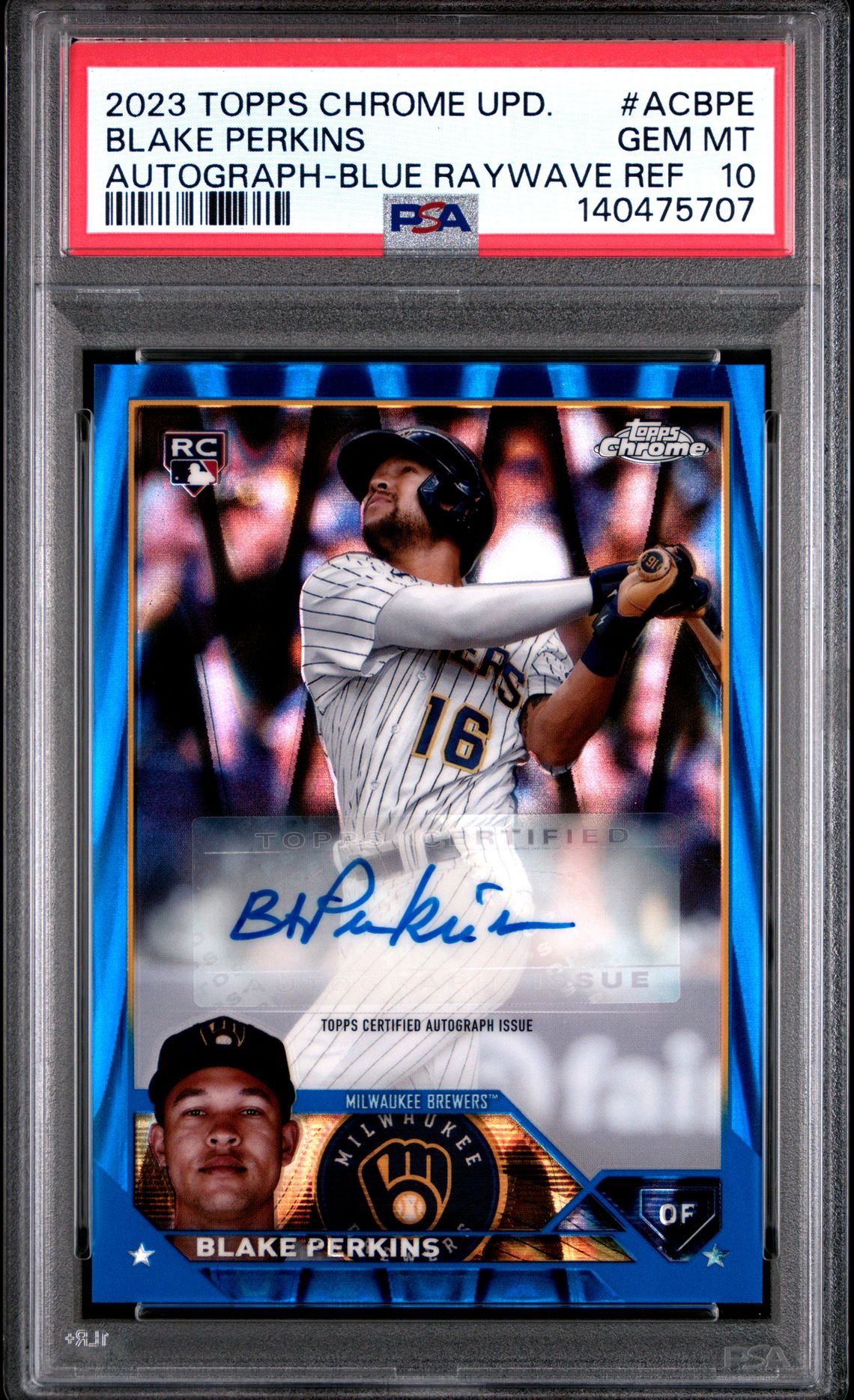 2023 Topps Chrome Update Autograph Blake Perkins #Acbpe (Autograph-Blue Raywave Ref) Gem Mt 10 front view - PSA graded GEM MT 10