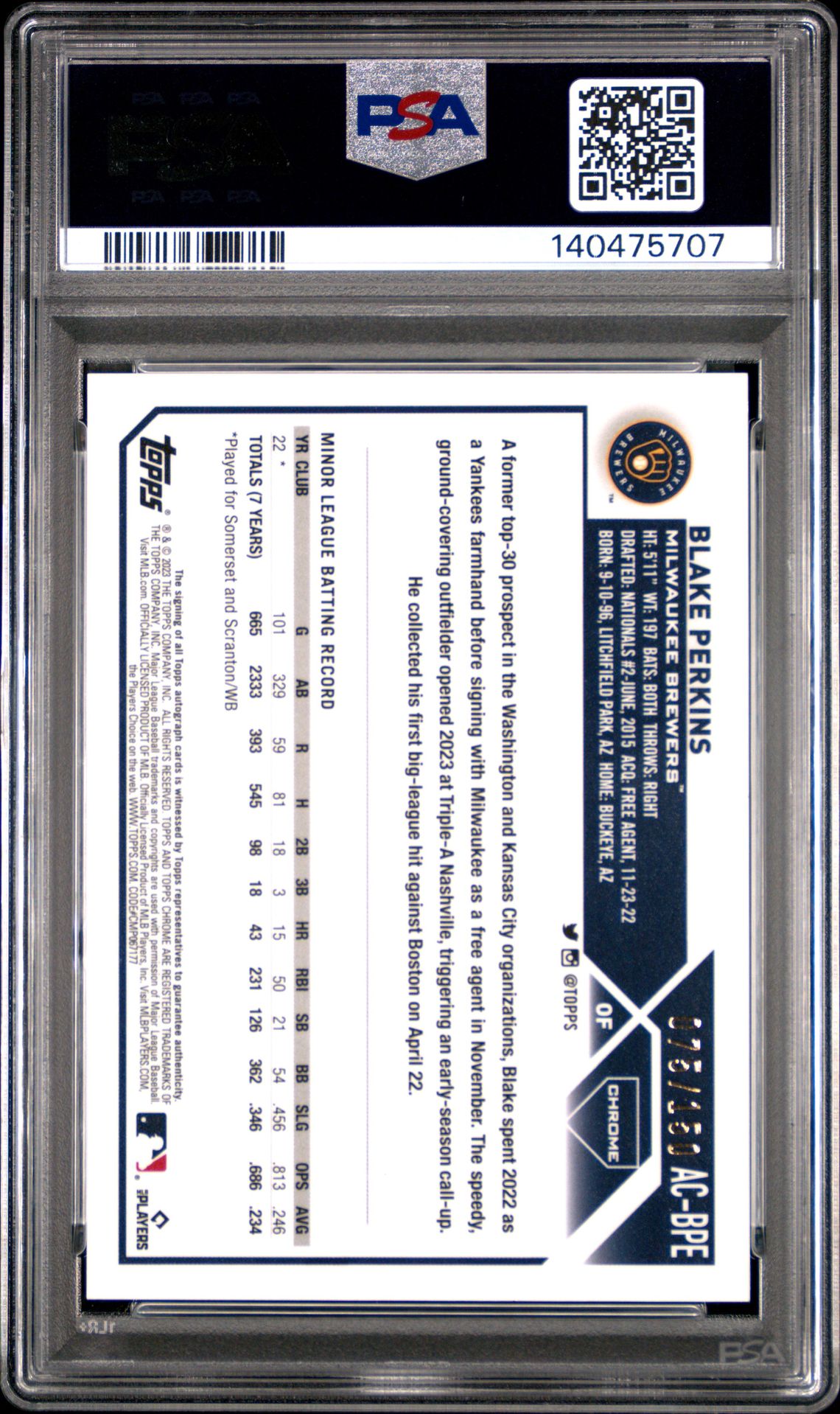 2023 Topps Chrome Update Autograph Blake Perkins #Acbpe (Autograph-Blue Raywave Ref) Gem Mt 10 back view - PSA certificate #140475707