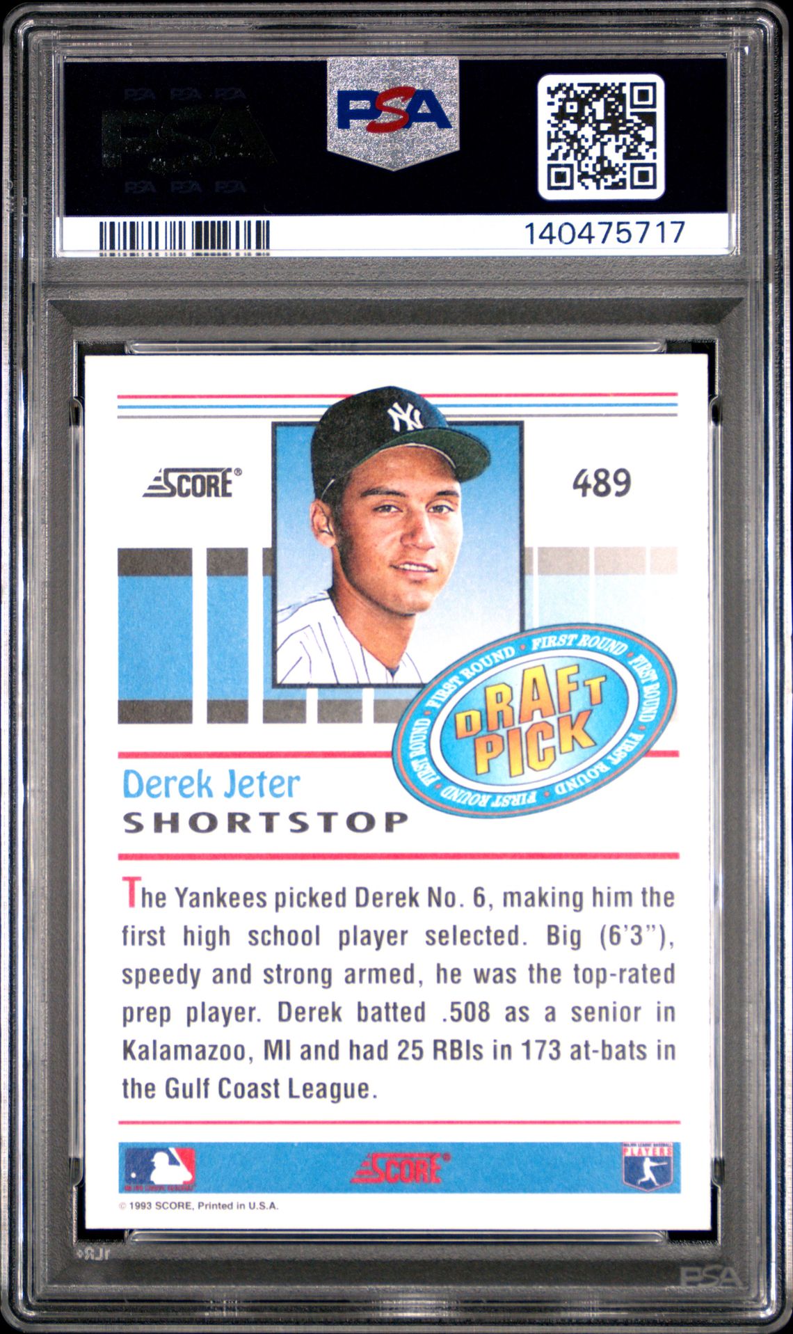 1993 Score Derek Jeter #489 Nm-Mt 8 back