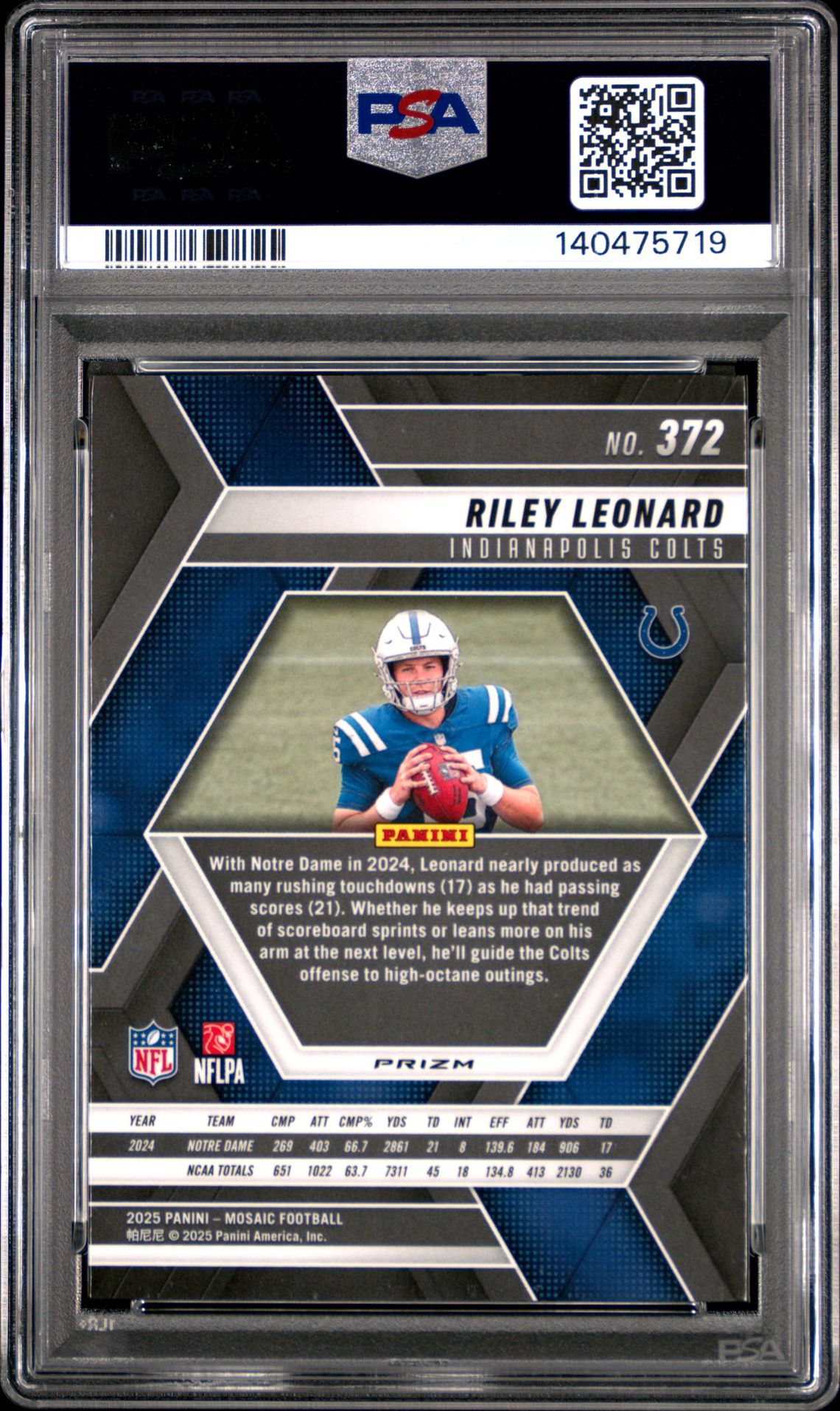 2025 Panini Mosaic Riley Leonard #372 (Red & Green Choice) Gem Mt 10 back