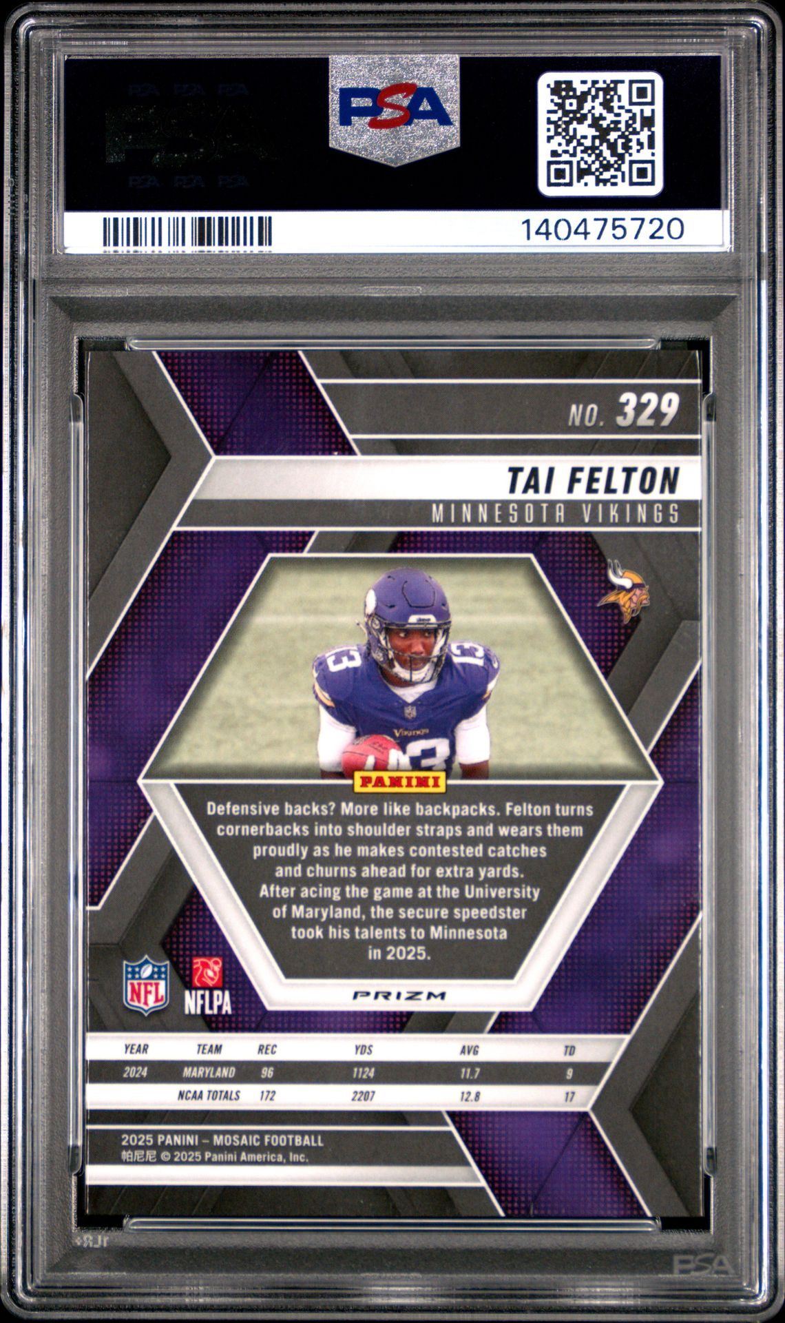 2025 Panini Mosaic Tai Felton #329 (Red & Green Choice) Gem Mt 10 back