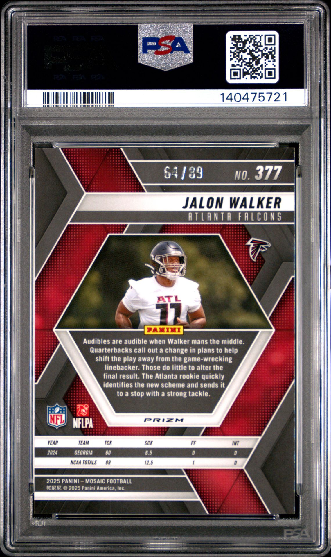 2025 Panini Mosaic Jalon Walker #377 (Fusion Red & Yellow Choice) Gem Mt 10 back