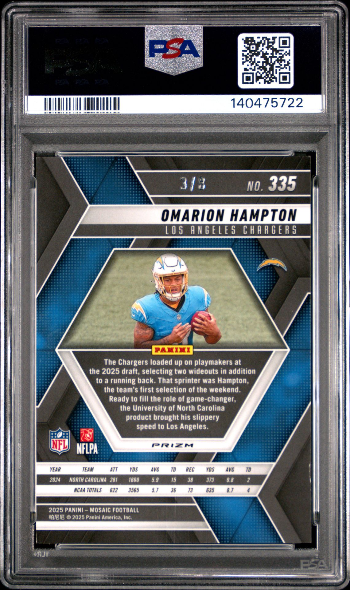 2025 Panini Mosaic Omarion Hampton #335 (Black Gold Choice) Mint 9 back