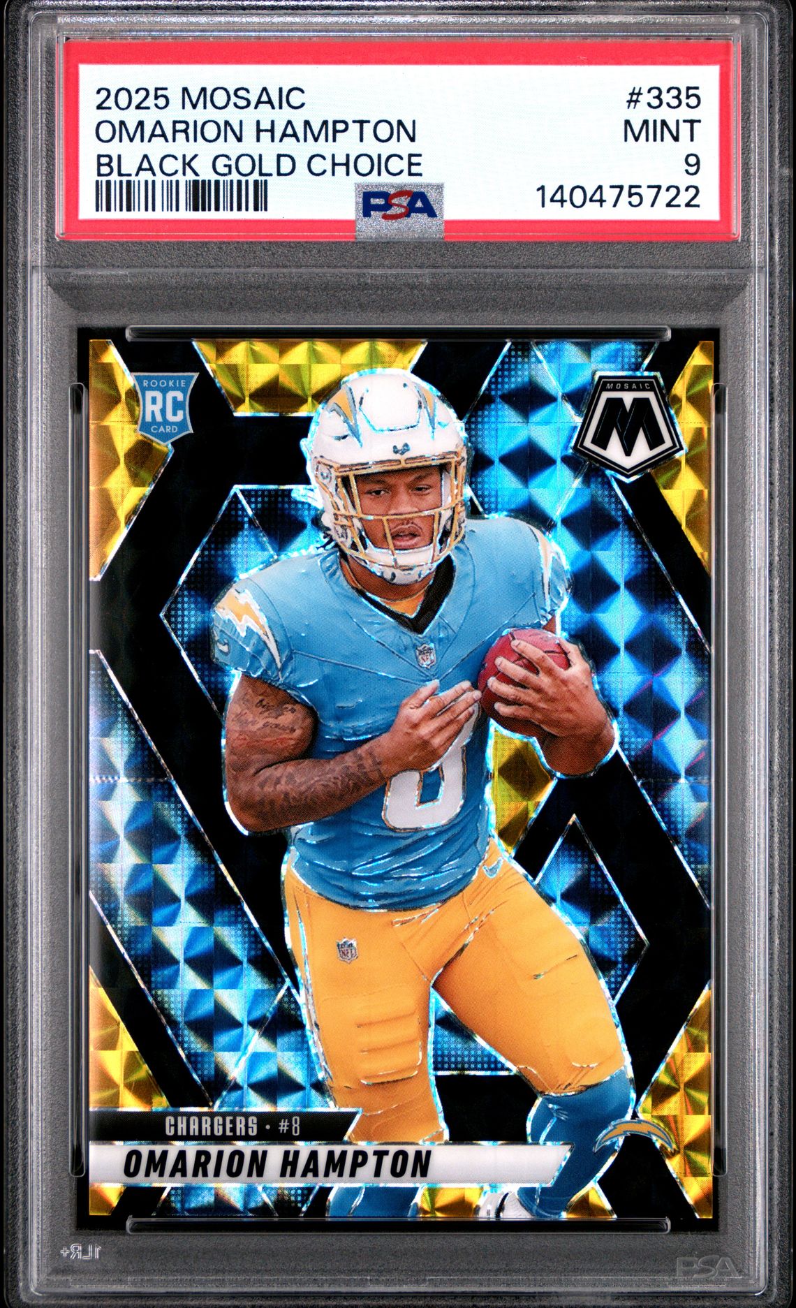 2025 Panini Mosaic Omarion Hampton #335 (Black Gold Choice) Mint 9 front