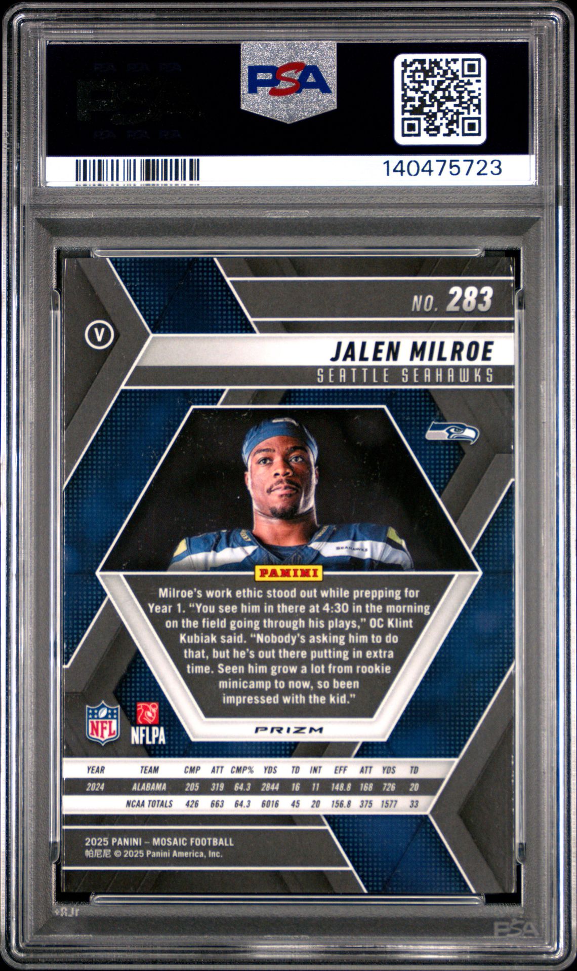 2025 Panini Mosaic Jalen Milroe #283 (Silver) Gem Mt 10 back