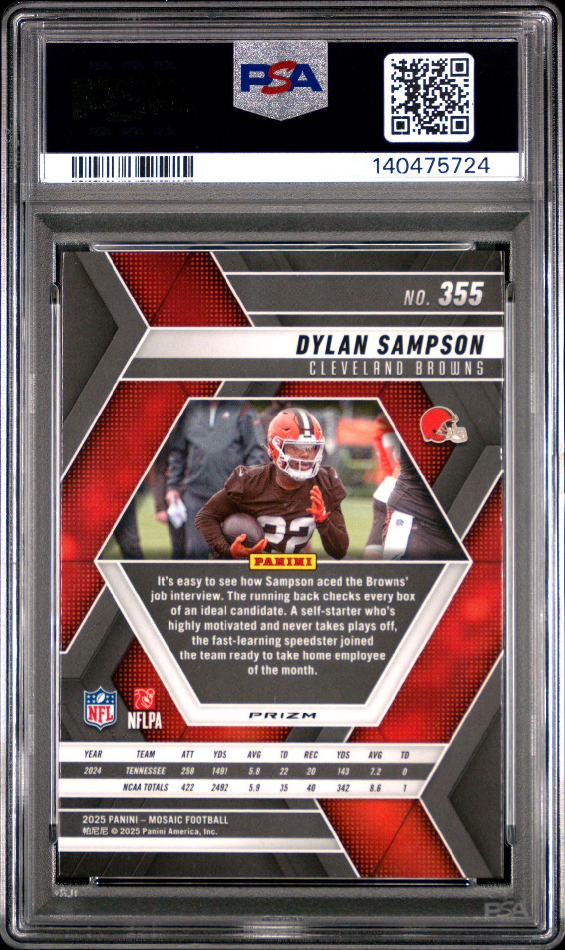 2025 Panini Mosaic Dylan Sampson #355 (Red & Green Choice) Gem Mt 10 back