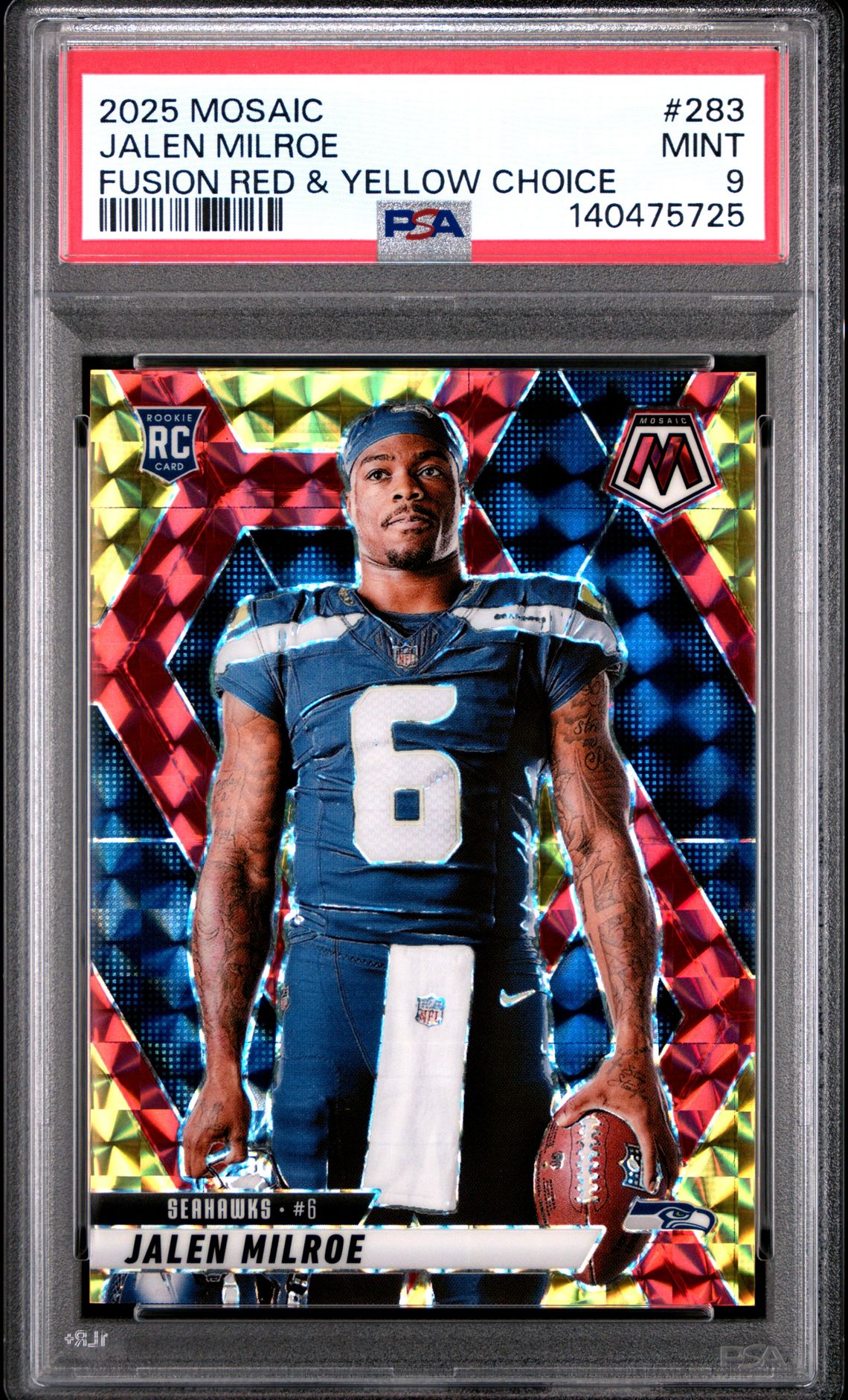 2025 Panini Mosaic Jalen Milroe #283 (Fusion Red & Yellow Choice) Mint 9 front