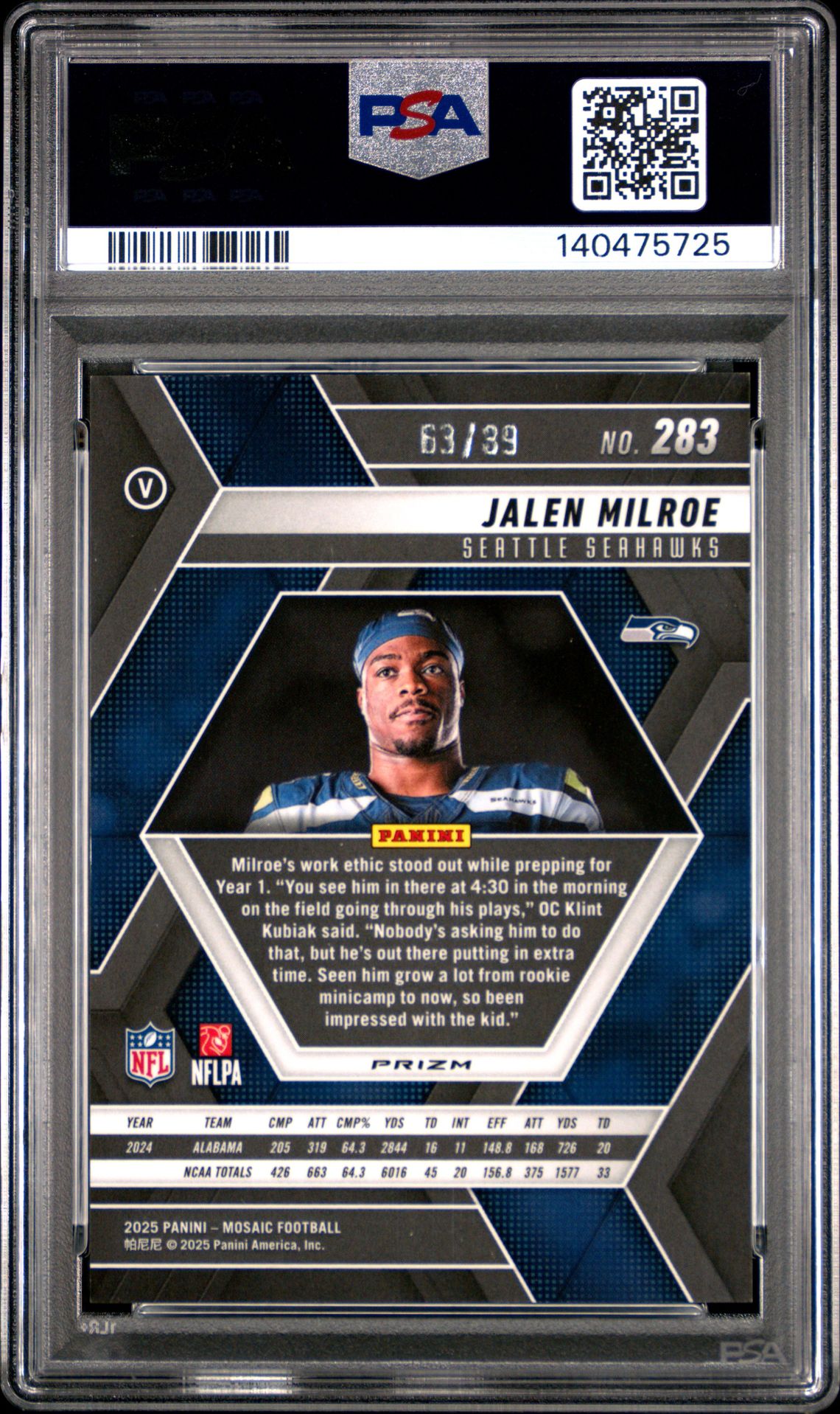 2025 Panini Mosaic Jalen Milroe #283 (Fusion Red & Yellow Choice) Mint 9 back