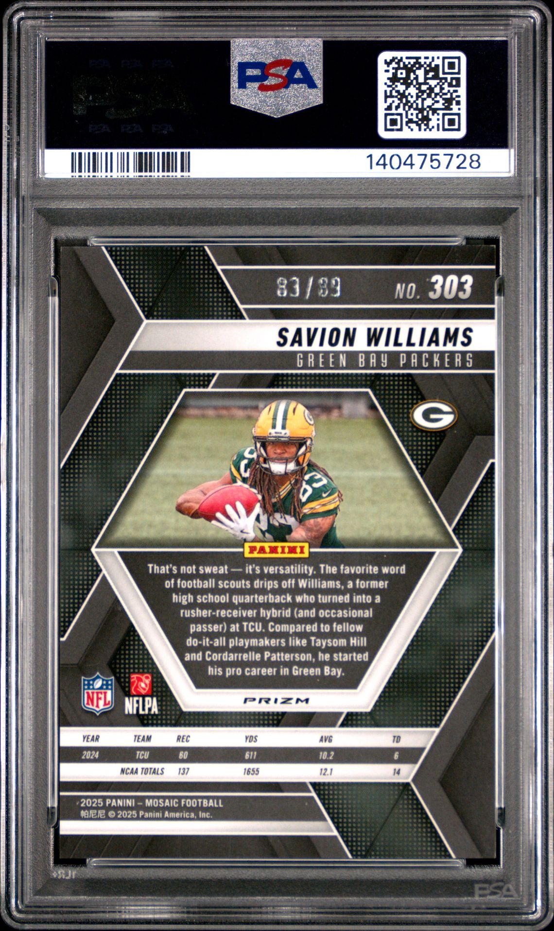 2025 Panini Mosaic Savion Williams #303 (Fusion Red & Yellow Choice) Mint 9 back