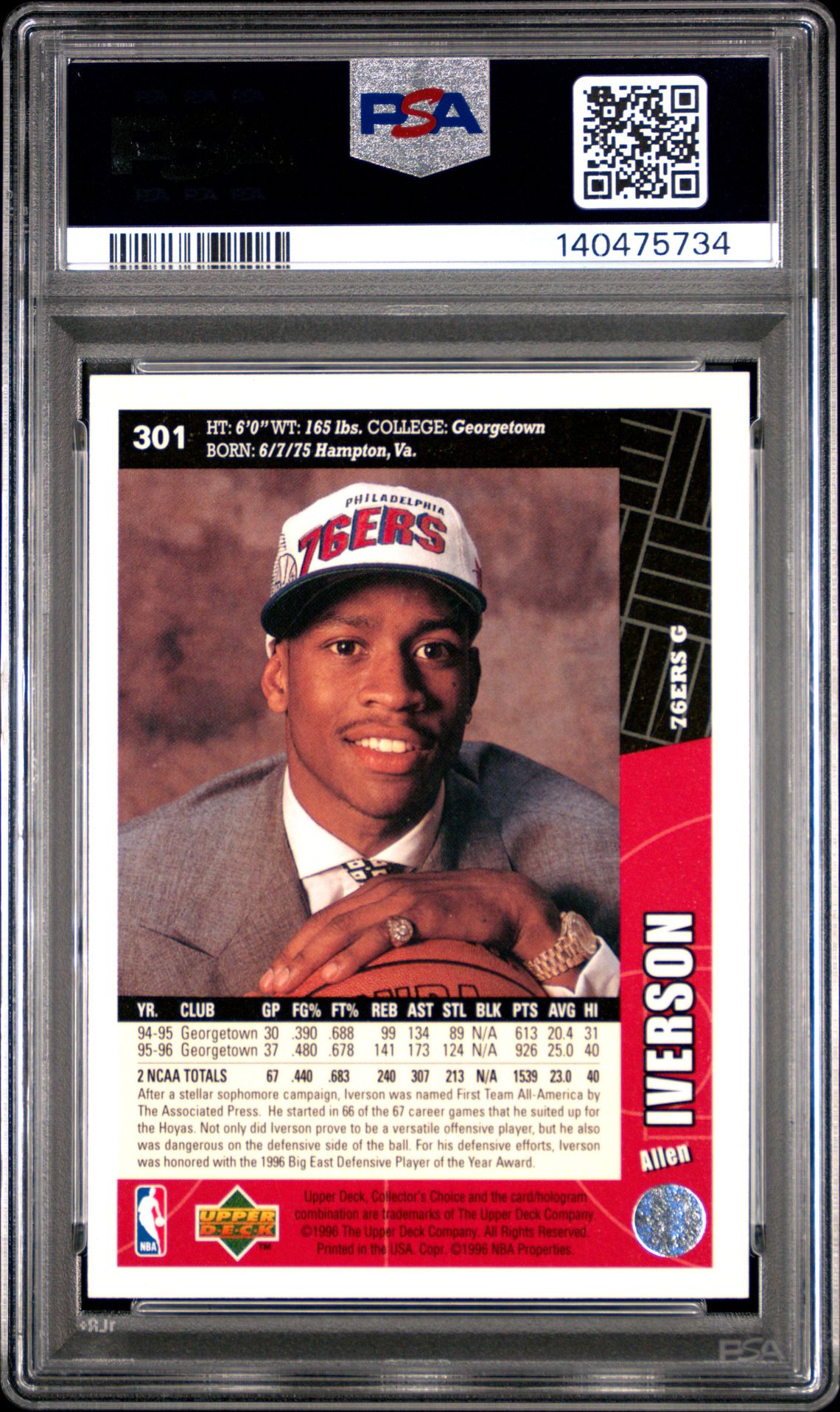 1996 Collector's Choice Allen Iverson #301 Mint 9 back