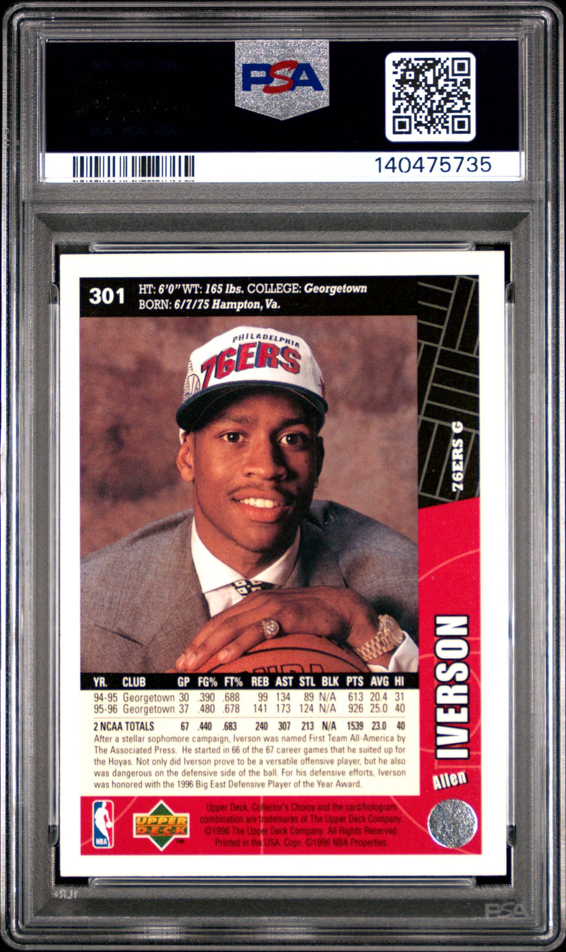 1996 Collector's Choice Allen Iverson #301 Nm-Mt 8 back