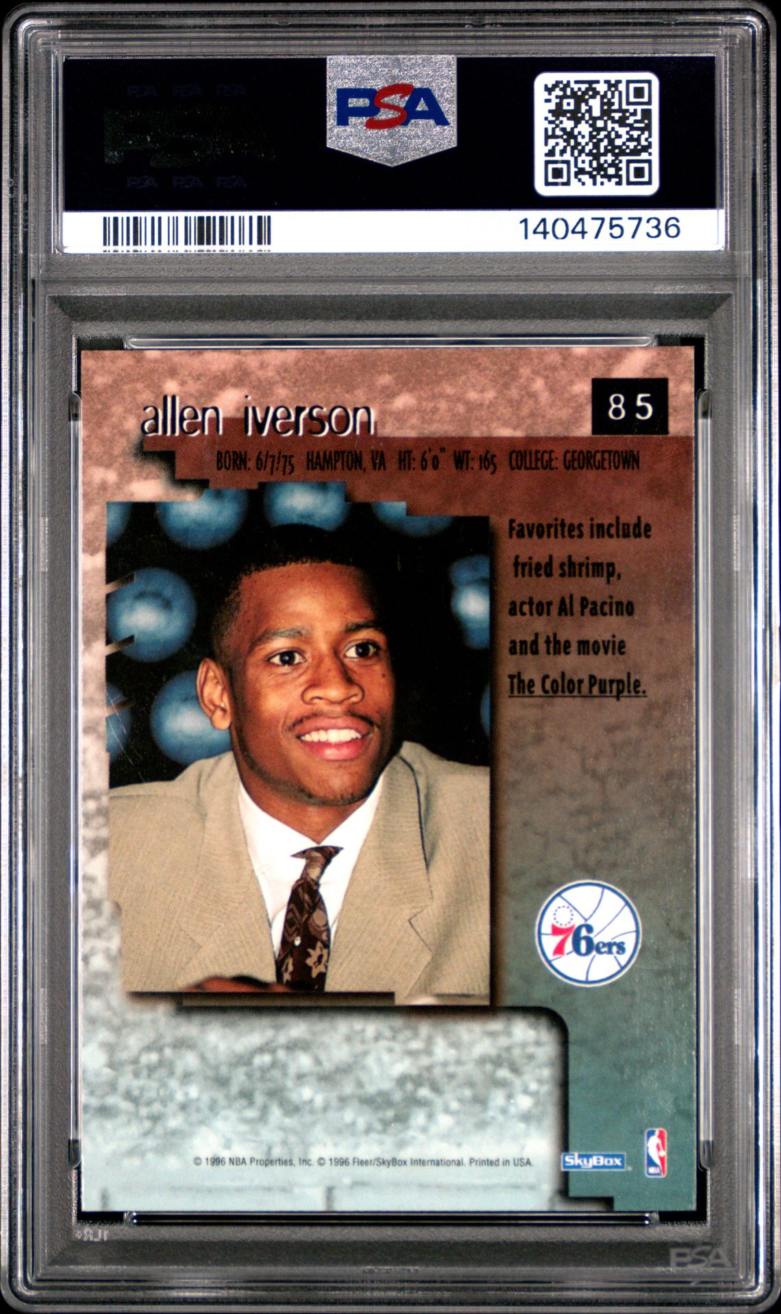1996 Skybox Premium Allen Iverson #85 Mint 9 back