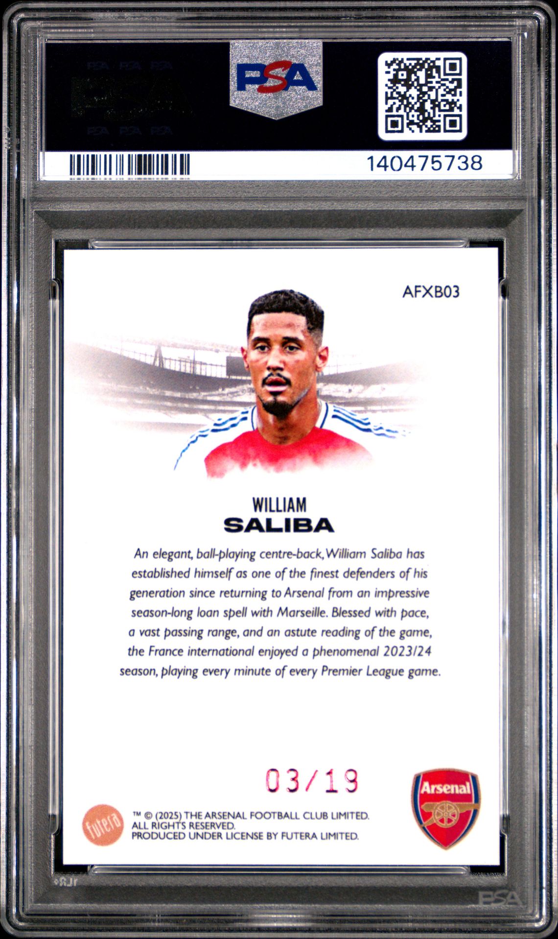 2024-25 Futera Arsenal Fx Collection William Saliba #03 (Red) Gem Mt 10 back