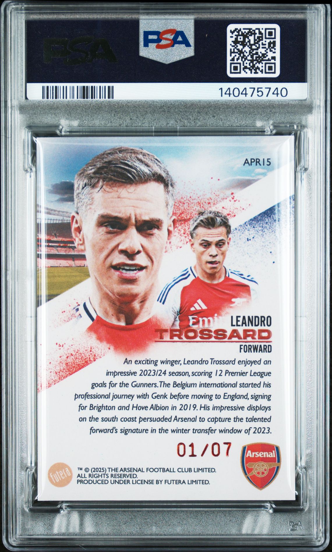 2024-25 Futera Arsenal Fx Collection Prestige Leandro Trossard #15 (Prestige-Red) Gem Mt 10 back