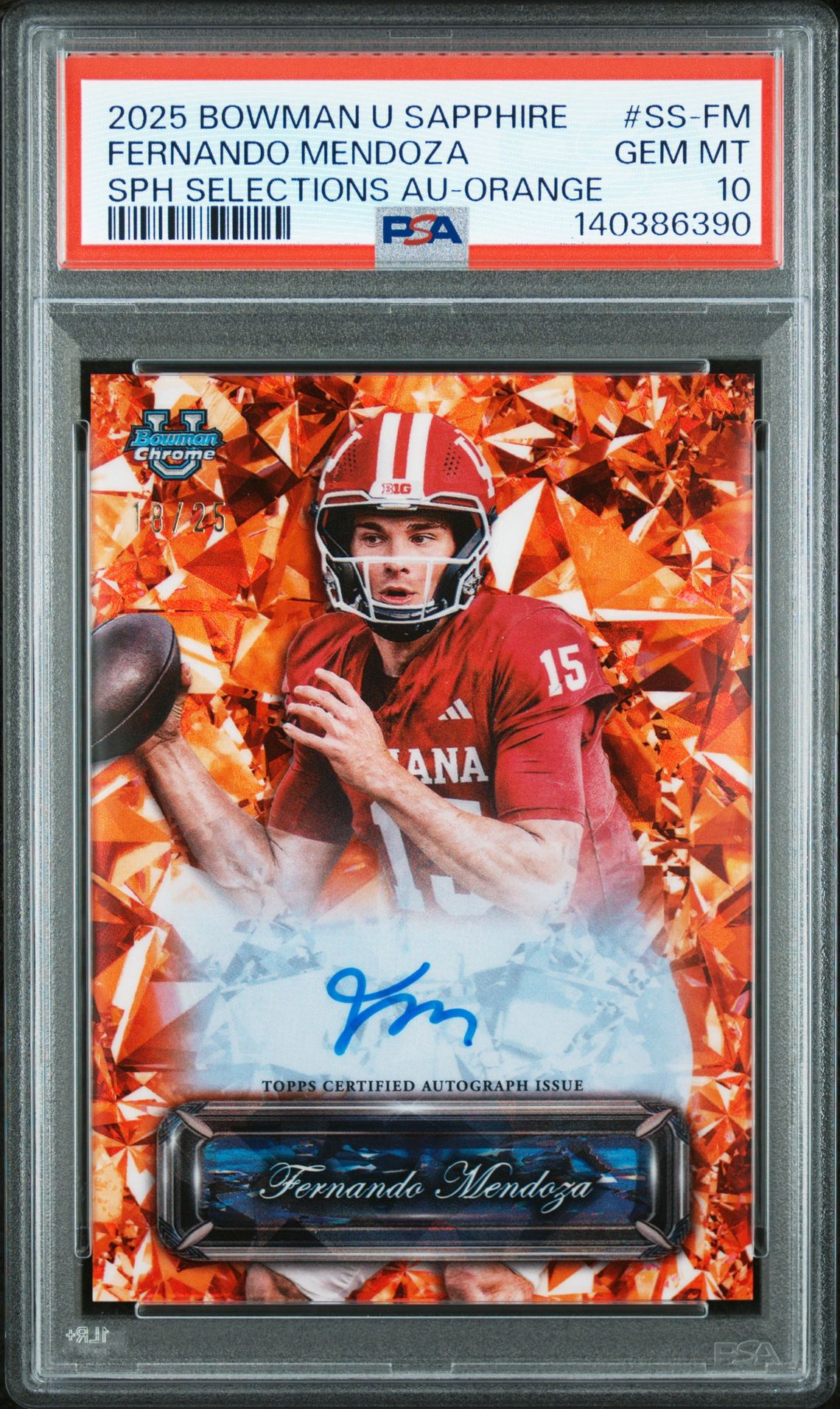 2025 Bowman BOWMAN UNIVERSITY CHROME SAPPHIRE SAPPHIRE SELECTIONS SIGNATURES SPHR SELECTIONS SIG-ORANGE #FM Fernando Mendoza front