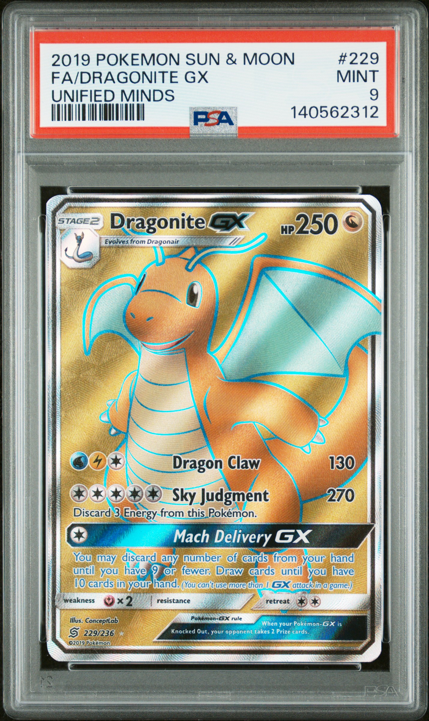 2019 #229 Full Art/Dragonite GX PSA 9 Sun & Moon Unified Minds Pokemon