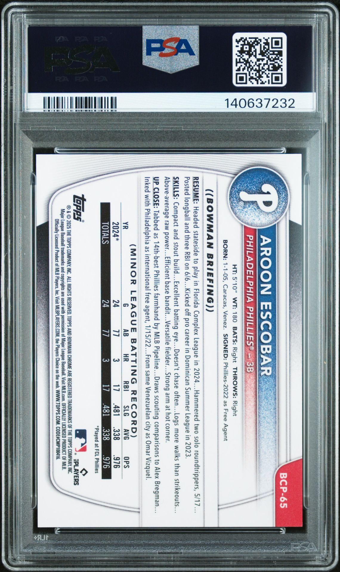 2025 Bowman Chrome Prospects Aroon Escobar #Bcp65 (Chrome Pros-Red Refractor) Mint 9 back