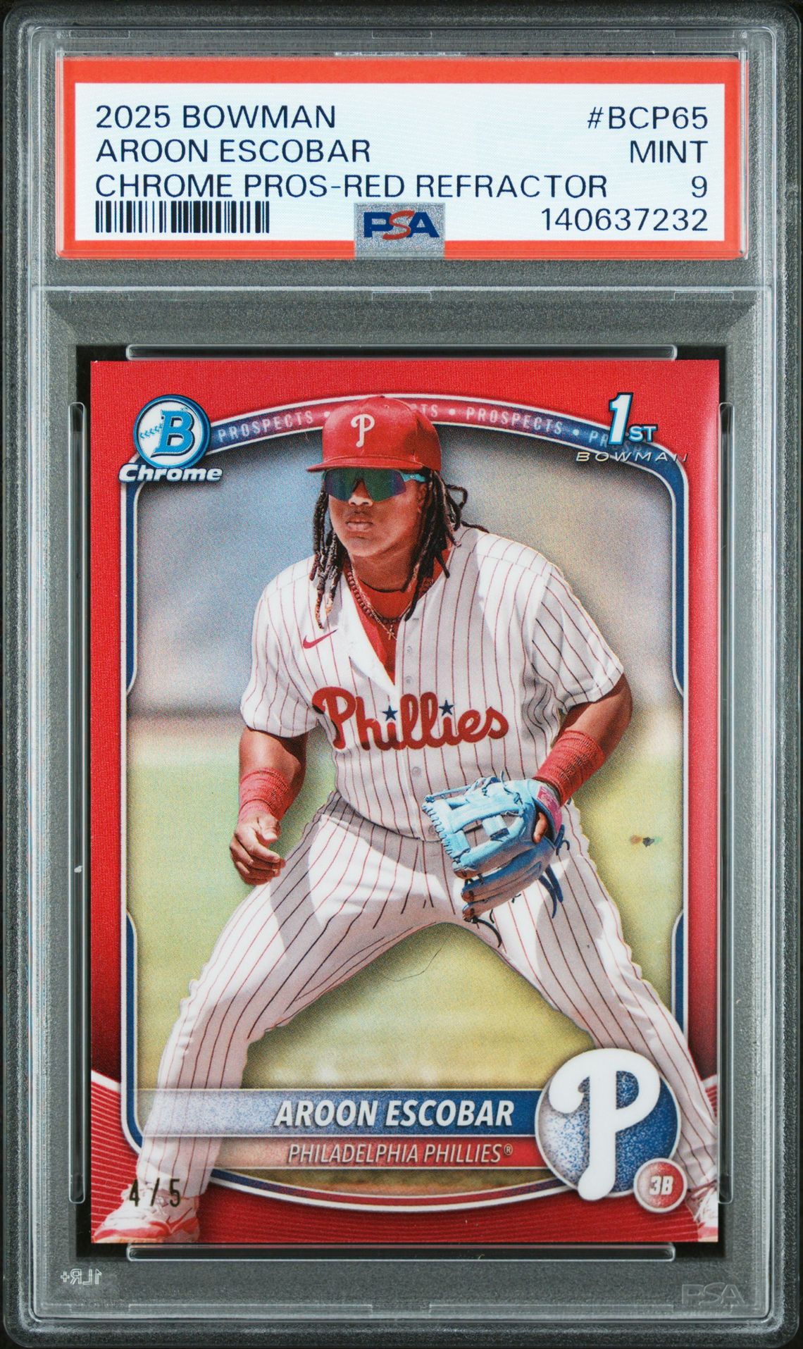 2025 Bowman Chrome Prospects Aroon Escobar #Bcp65 (Chrome Pros-Red Refractor) Mint 9 front