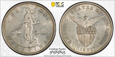 1905-S Peso Allen-16.06a Straight Serif AU55