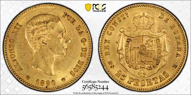 1880-MS M 25 Pta (1880) KM-673  Au AU58