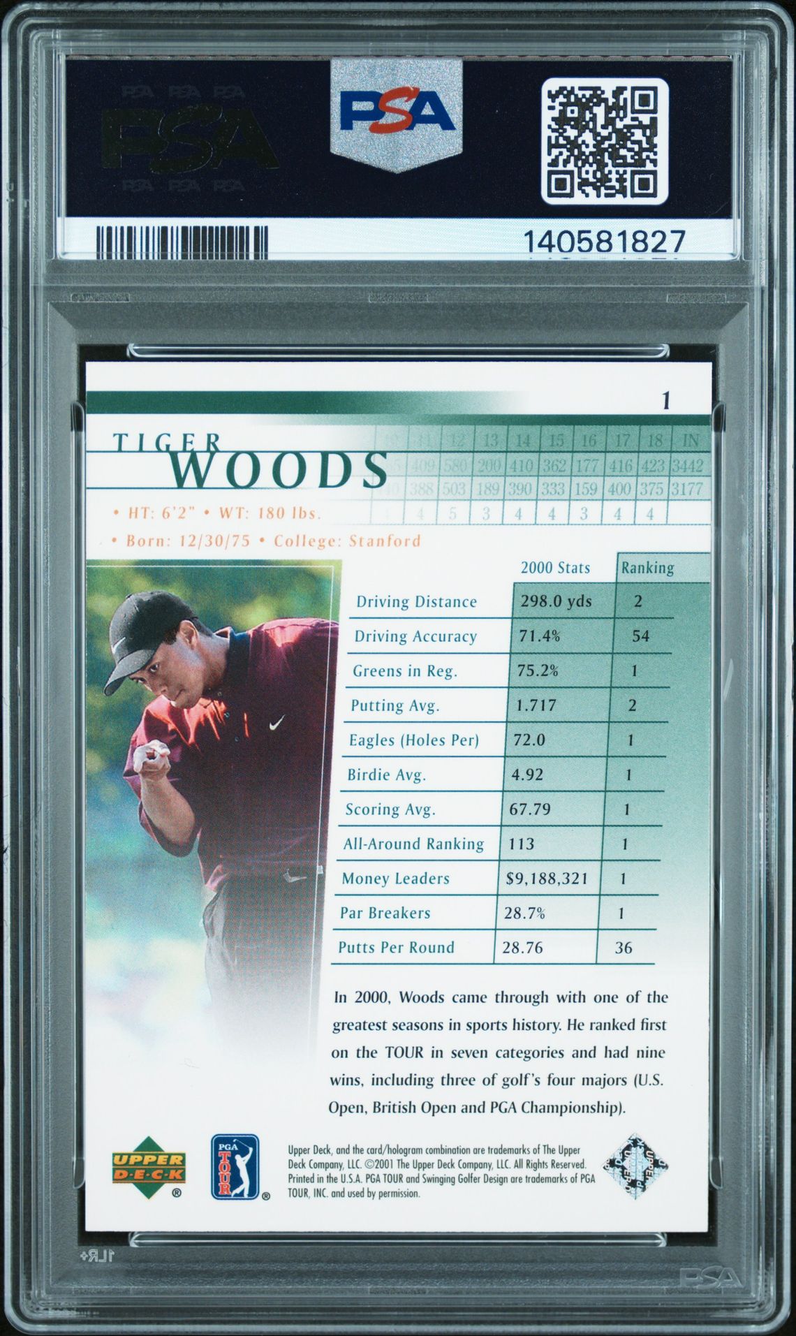 2001 Upper Deck Golf Tiger Woods #1 Mint 9 back
