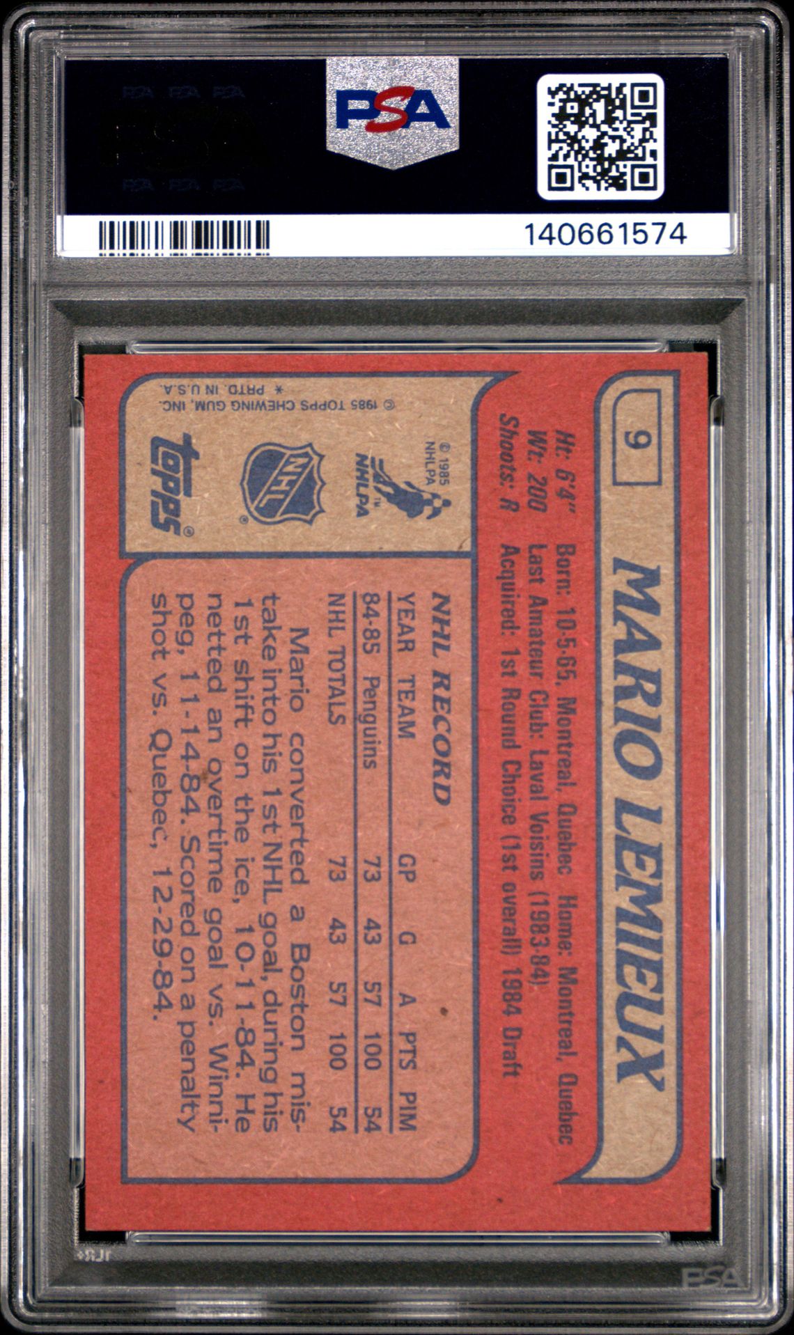 1985 Topps Mario Lemieux #9 Ex-Mt 6 back