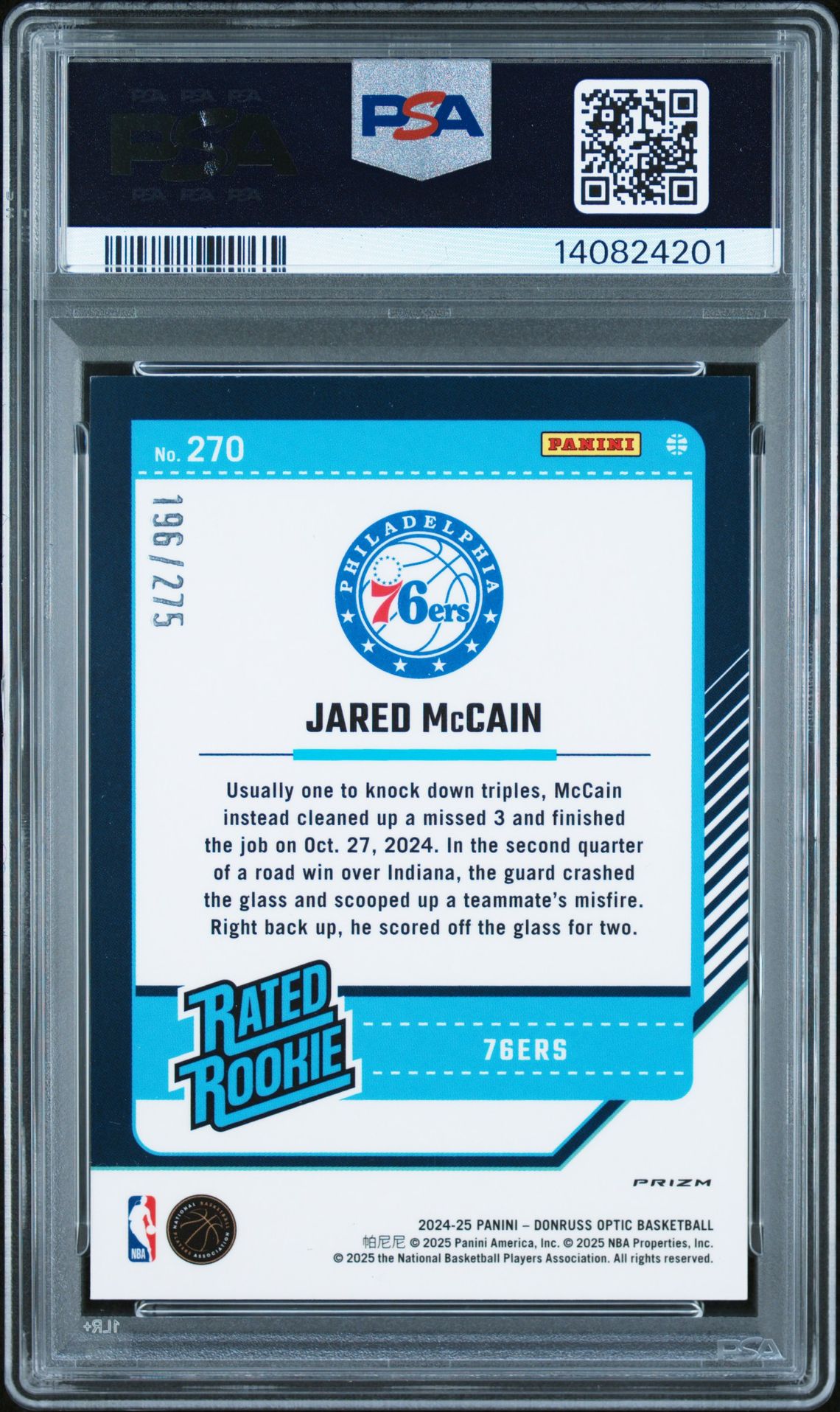 2024 Panini Donruss Optic Jared Mccain #270 (Pink Glitter) Gem Mt 10 back