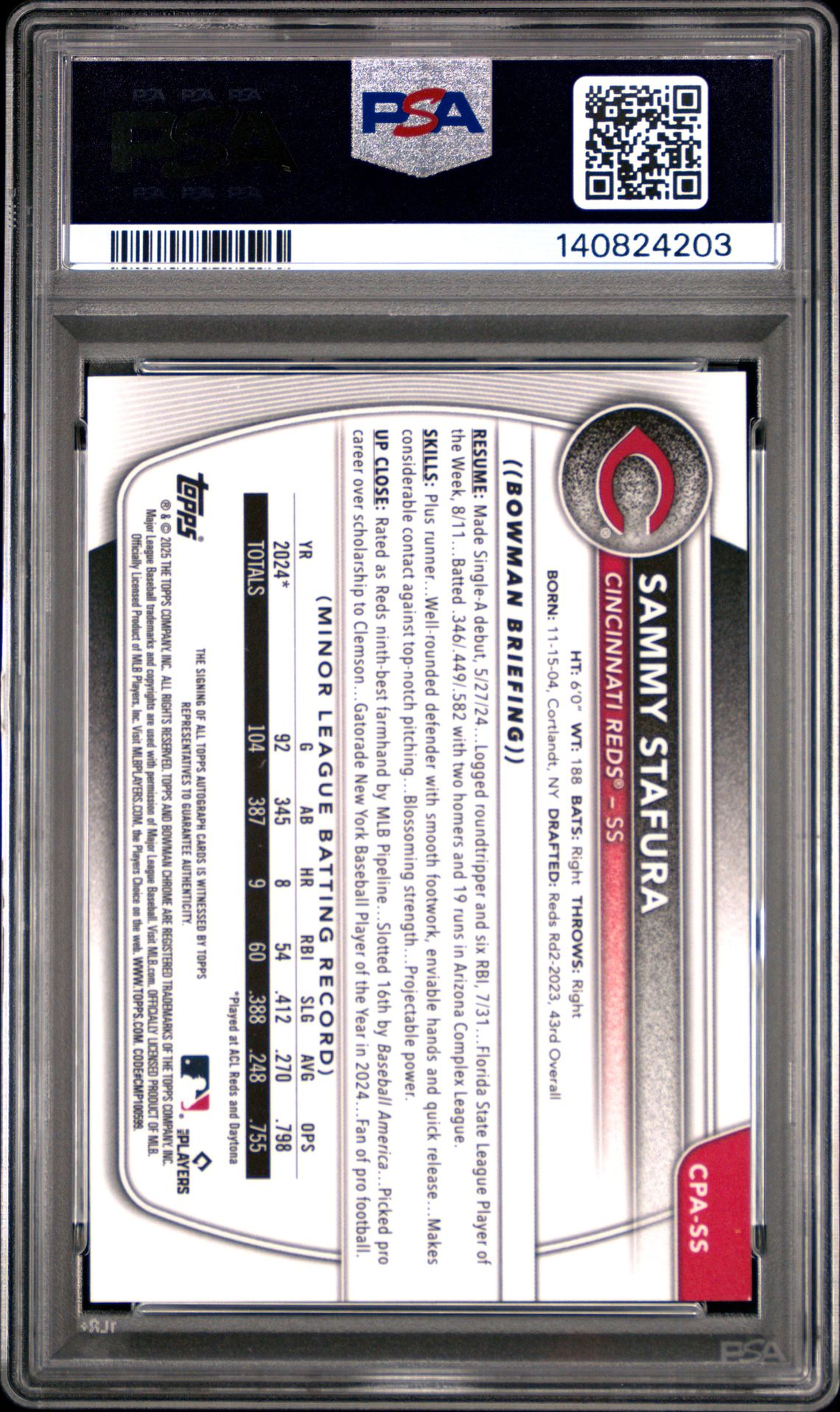 2025 Bowman Chrome Prospect Autographs Sammy Stafura #Cpass Gem Mt 10 back
