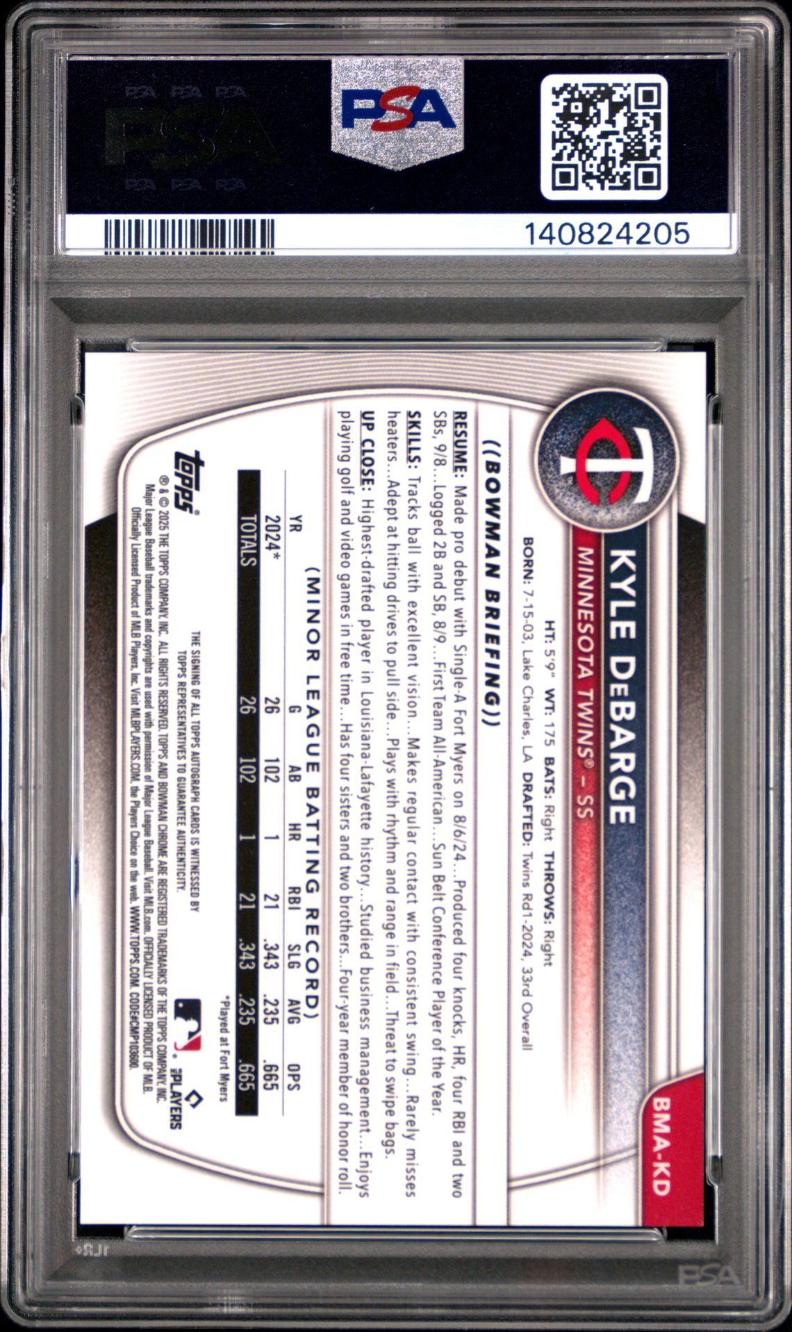 2025 Bowman Mega Box Bowman Prospect Mega Autographs Kyle Debarge #Kd Gem Mt 10 back