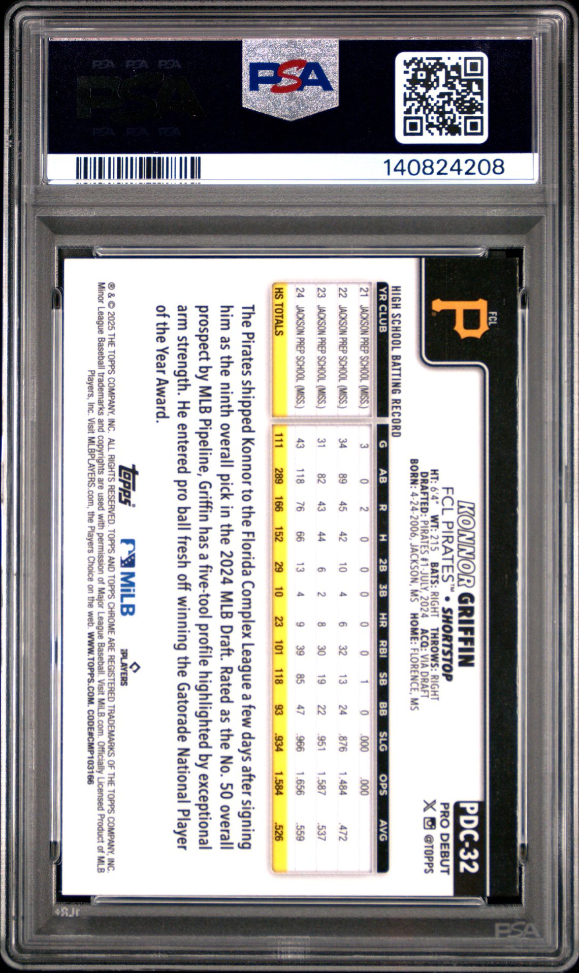 2025 Topps Pro Debut Konnor Griffin #32 (Chrome) Mint 9 back