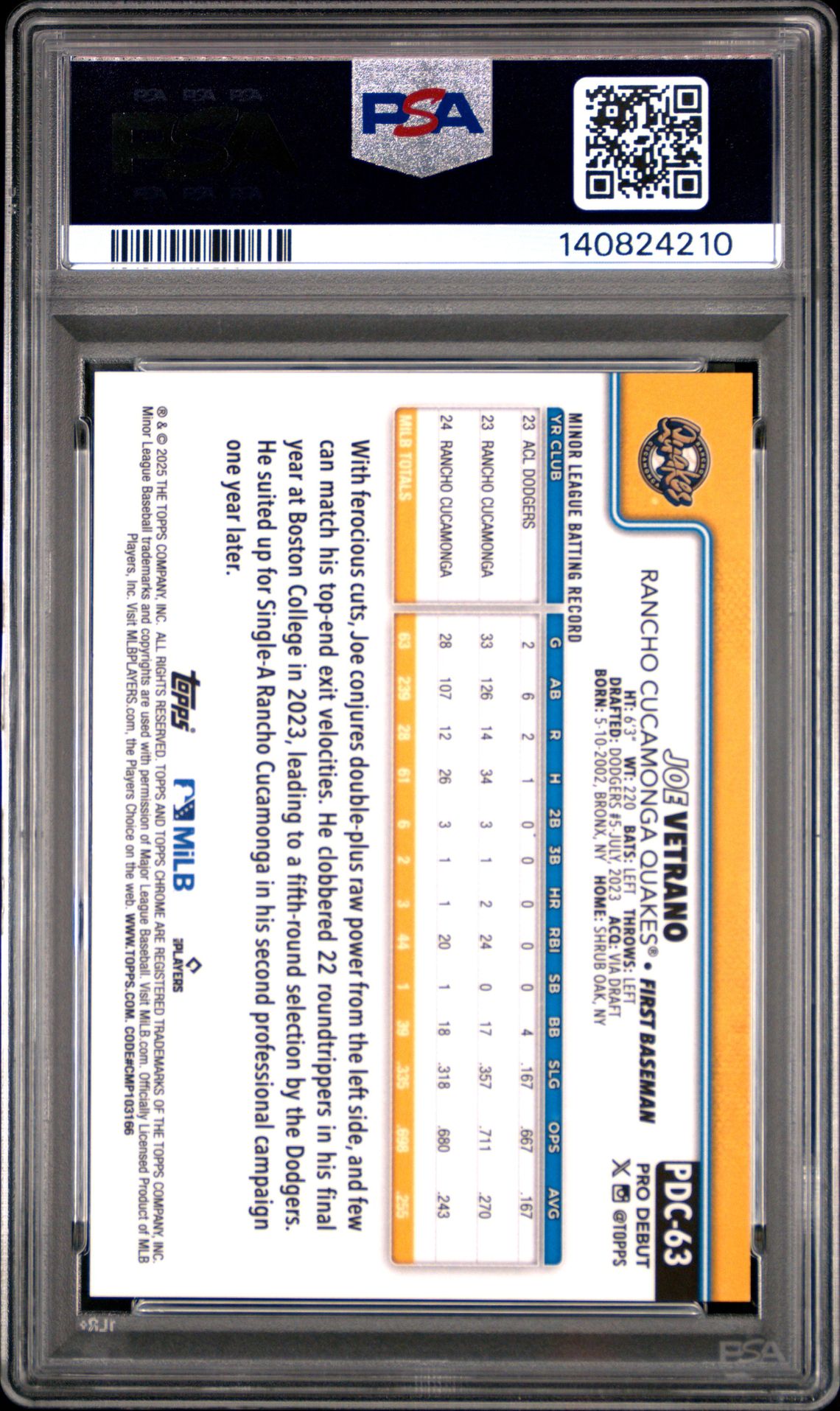 2025 Topps Pro Debut Joe Vetrano #63 (Chrome-Black Refractor) Mint 9 back