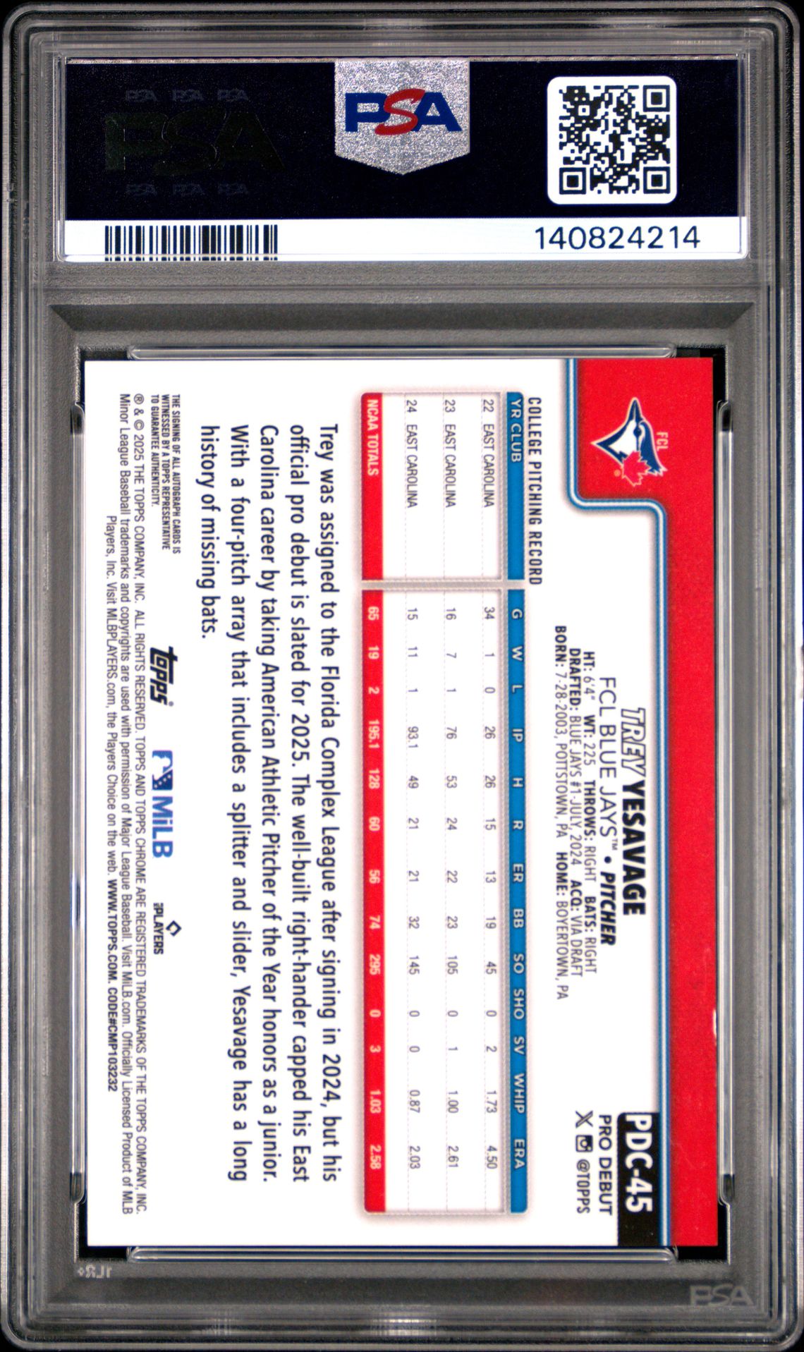2025 Topps Pro Debut Trey Yesavage #45 (Chrome-Autograph-Refractor) Mint 9 back