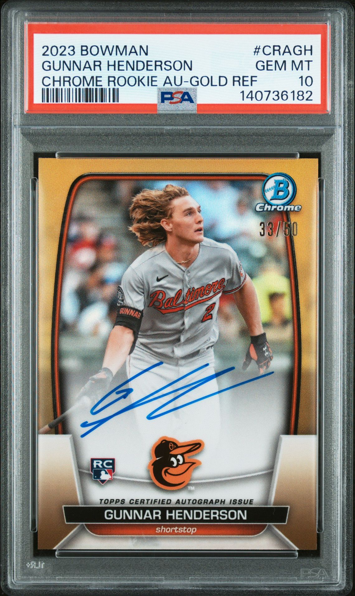 2023 Bowman BOWMAN CHROME ROOKIE AUTOGRAPHS CHROME ROOKIE AU-GOLD REF #CRAGH Gunnar Henderson front