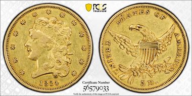 1834 $5 Classic Head, Plain 4 XF45