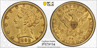 1892-CC $5 AU53