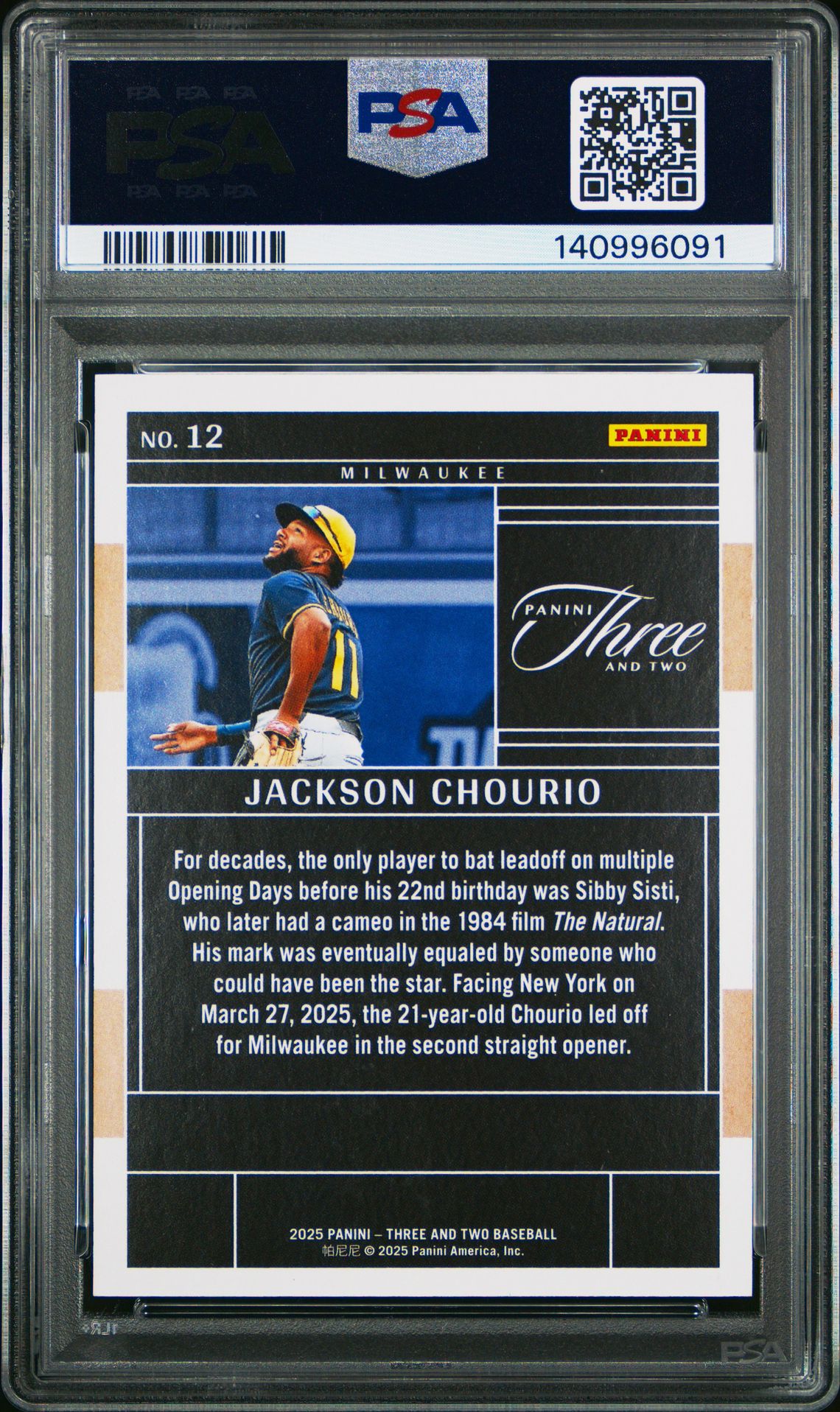 2025 Panini Three And Two Jackson Chourio #12 (Full Count) Gem Mt 10 back